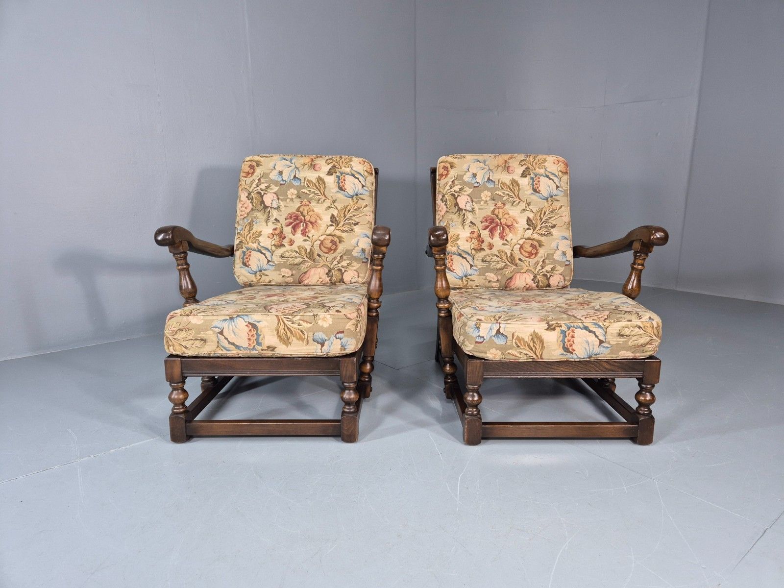 2 Ercol Cloister Lounge Chairs Dark Elm Frame Floral Upholstery 70s Eb10987 Vcar photo for sale