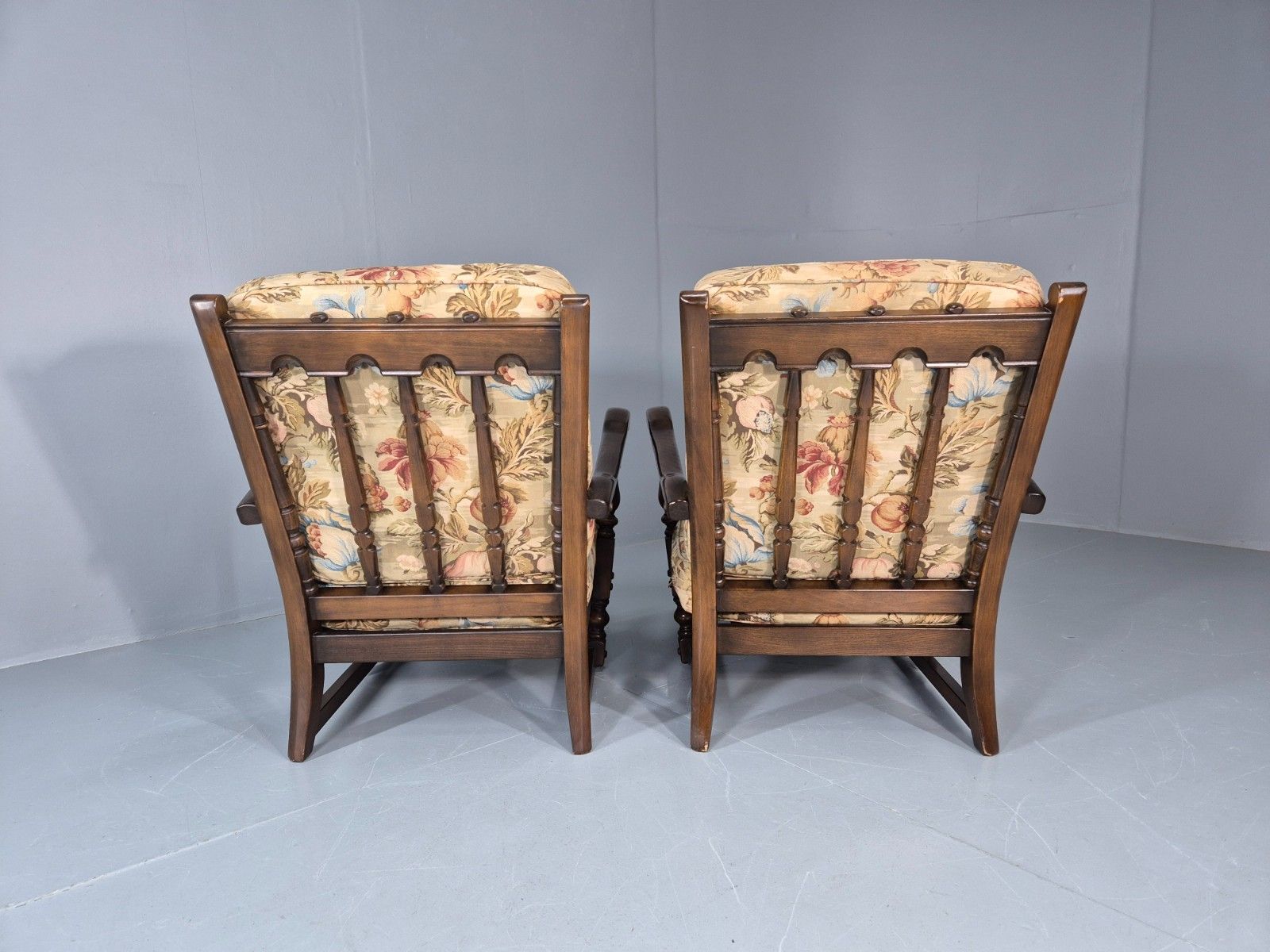 photo buy 2 Ercol Cloister Lounge Chairs Dark Elm Frame Floral Upholstery 70s Eb10987 Vcar