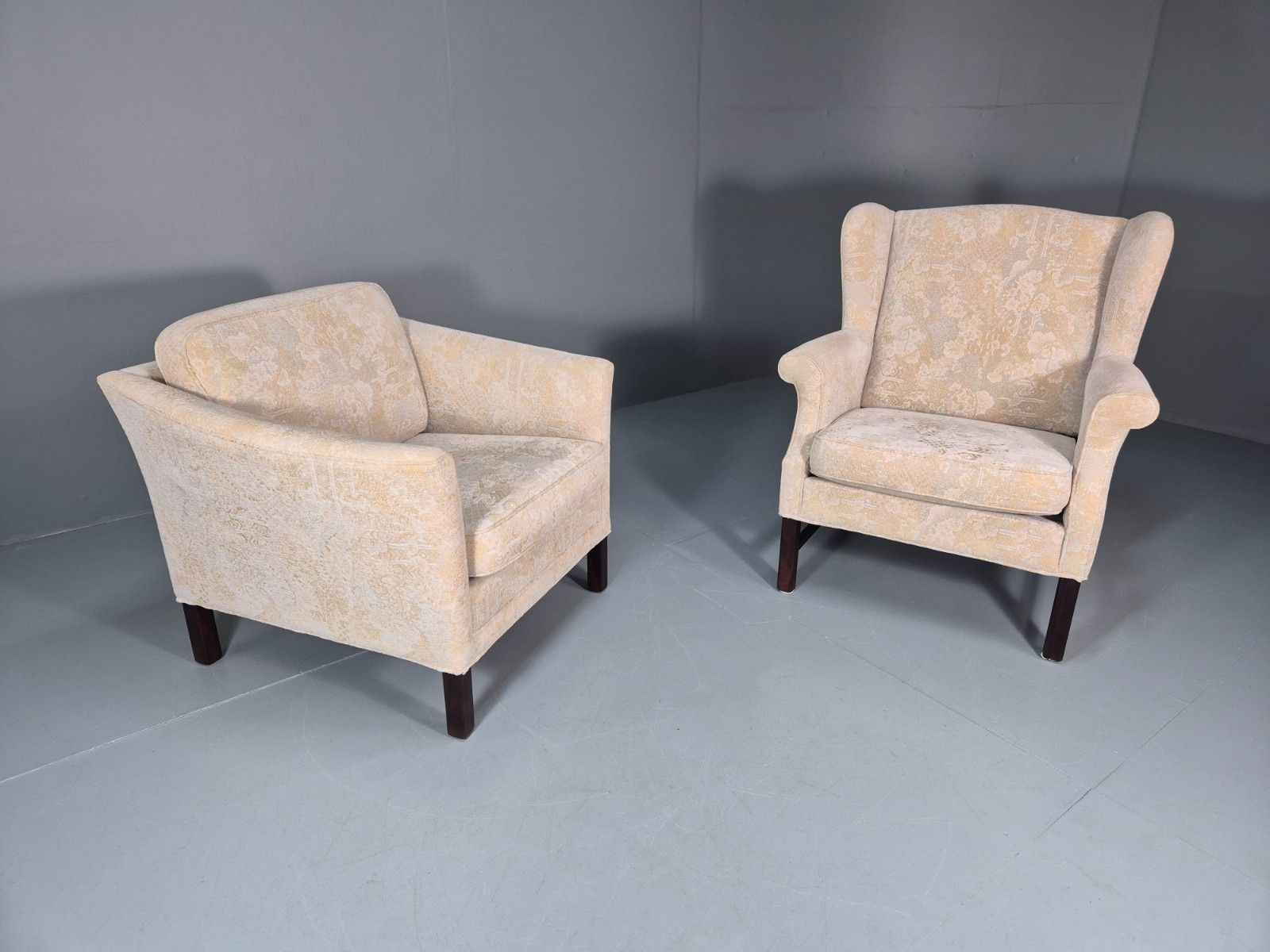 photo buy 2 1970s Retro Lounge Chairs Danish Floral Cream Upholstery Eb10764 Vclo