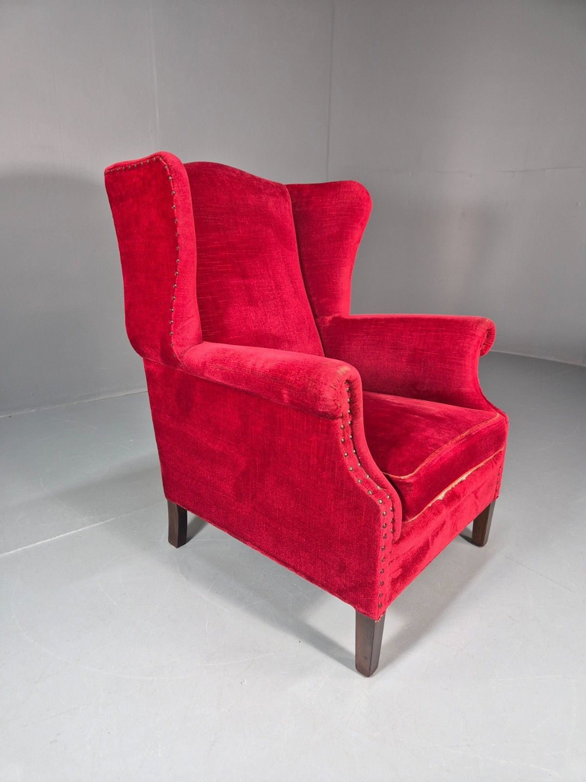 photo vinterior Wing Back Lounge Chair Red Velour Danish 1960s Georgian Style Eb10754 Vclo