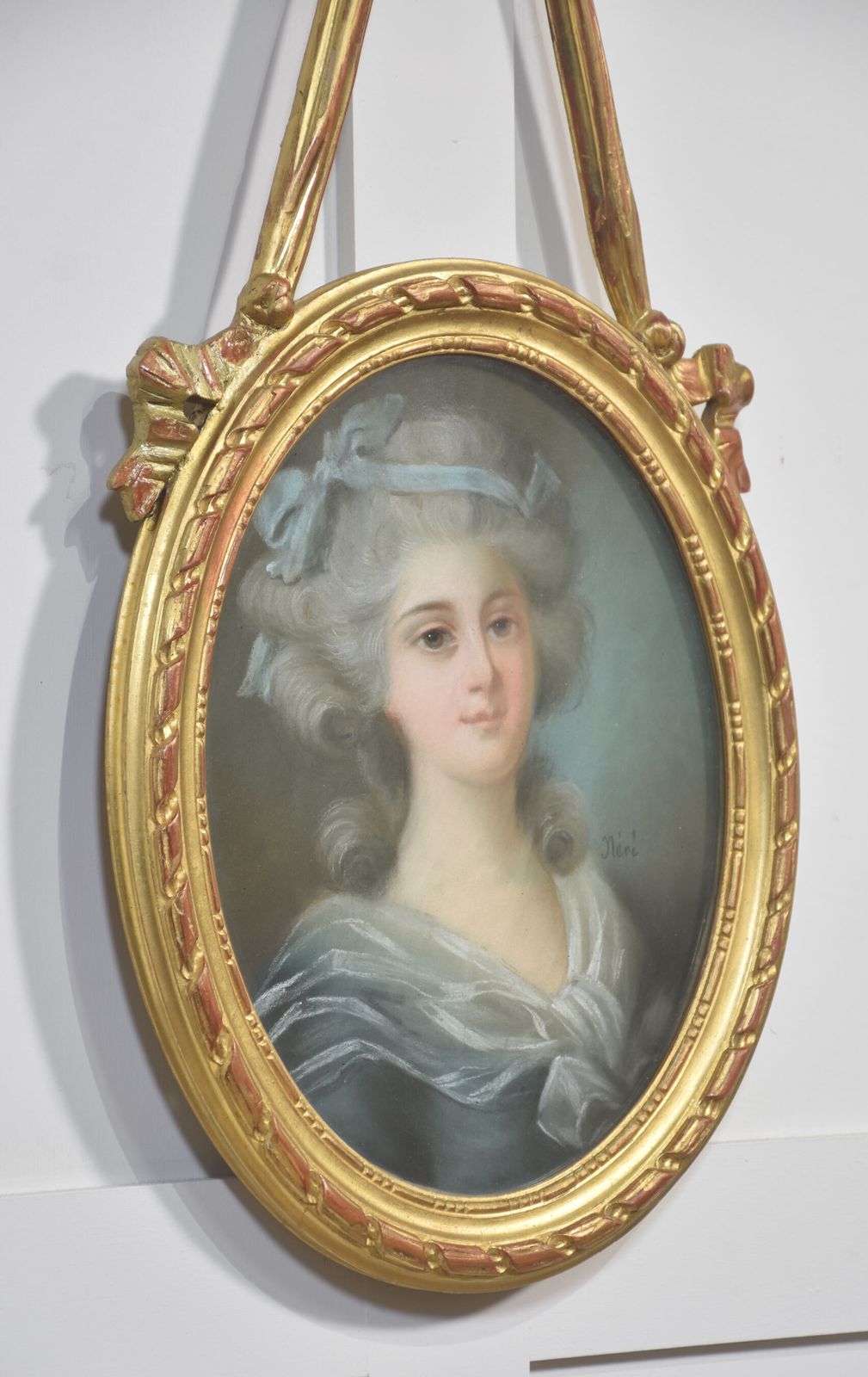 Refined Pair Of 19th Century French Pastel Portraits In Louis XVI Style Frames photo furniture
