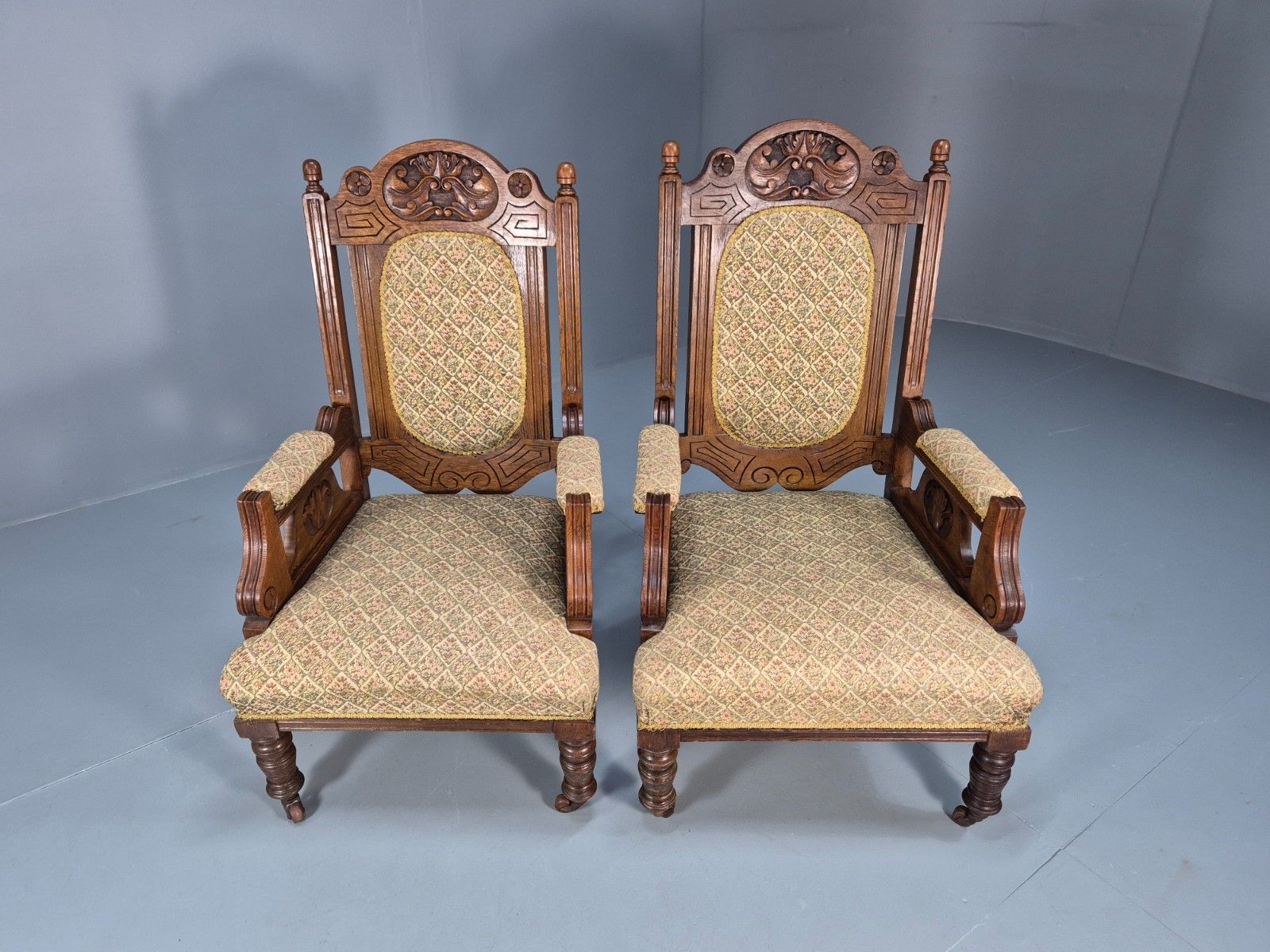 2 Edwardian Carved Oak Lounge Chairs Embroidery Upholstery 1900s Eb10690 Vcar photo Furniture