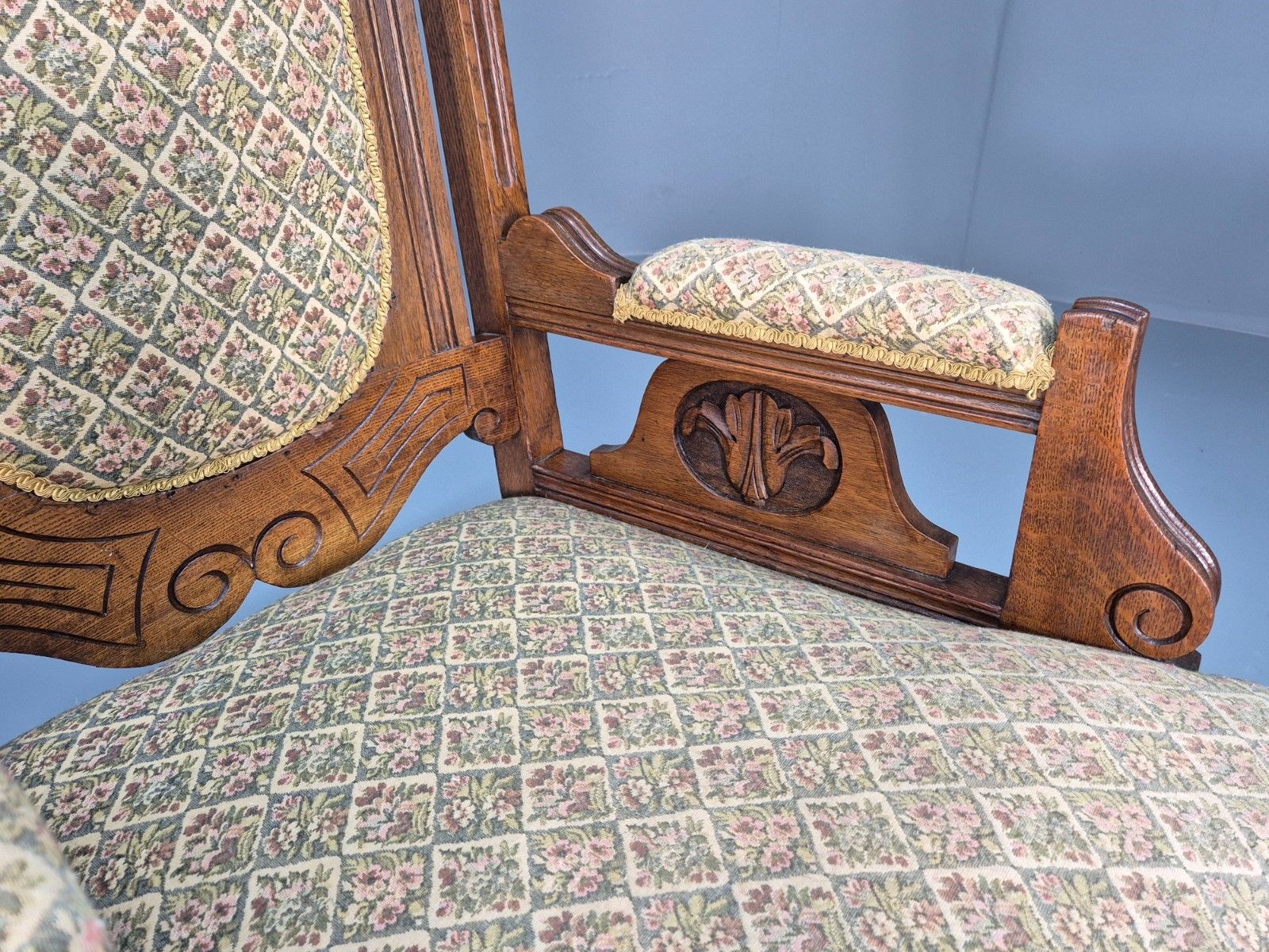 2 Edwardian Carved Oak Lounge Chairs Embroidery Upholstery 1900s Eb10690 Vcar photo vintage