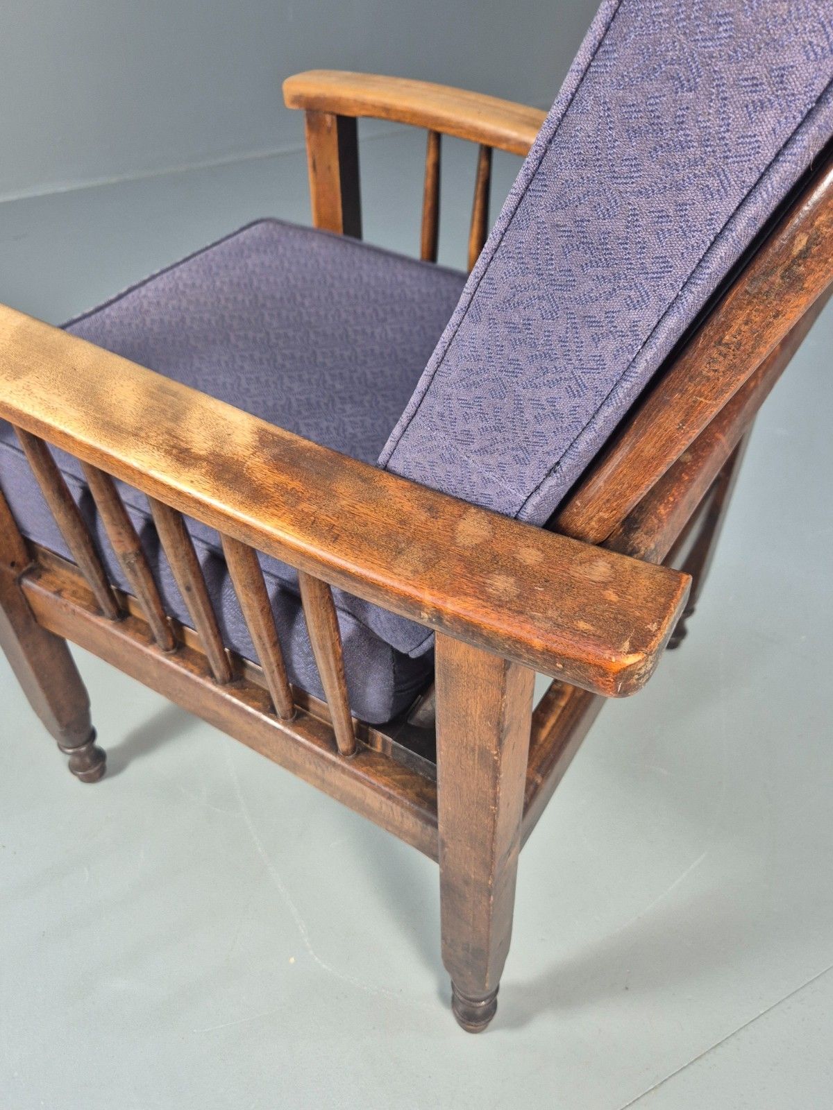 200.0 Antique Oak Wheel Back Folding Chair Purple Upholstery 1900s Eb10629 Vcar photo