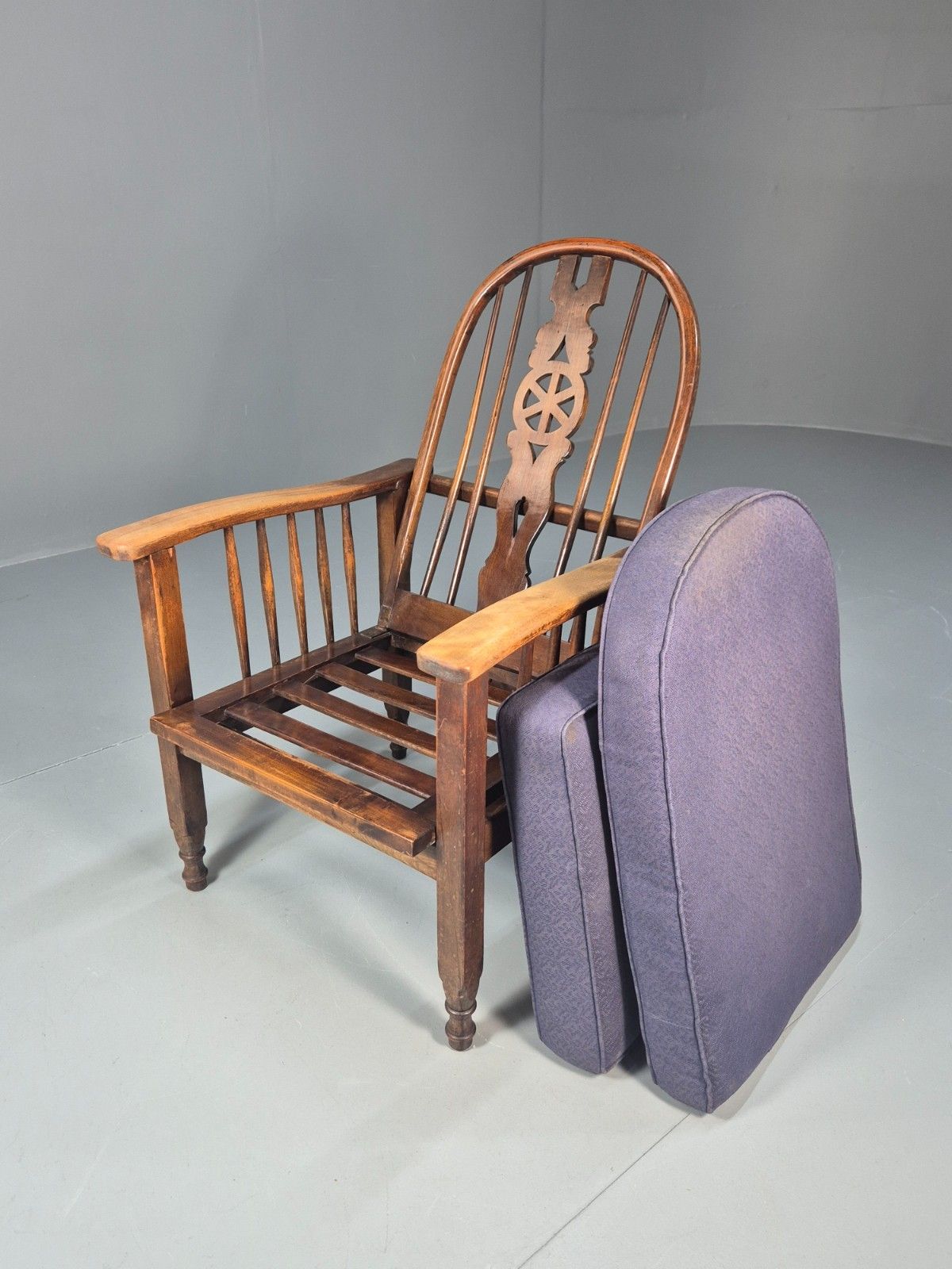 photo buy Antique Oak Wheel Back Folding Chair Purple Upholstery 1900s Eb10629 Vcar