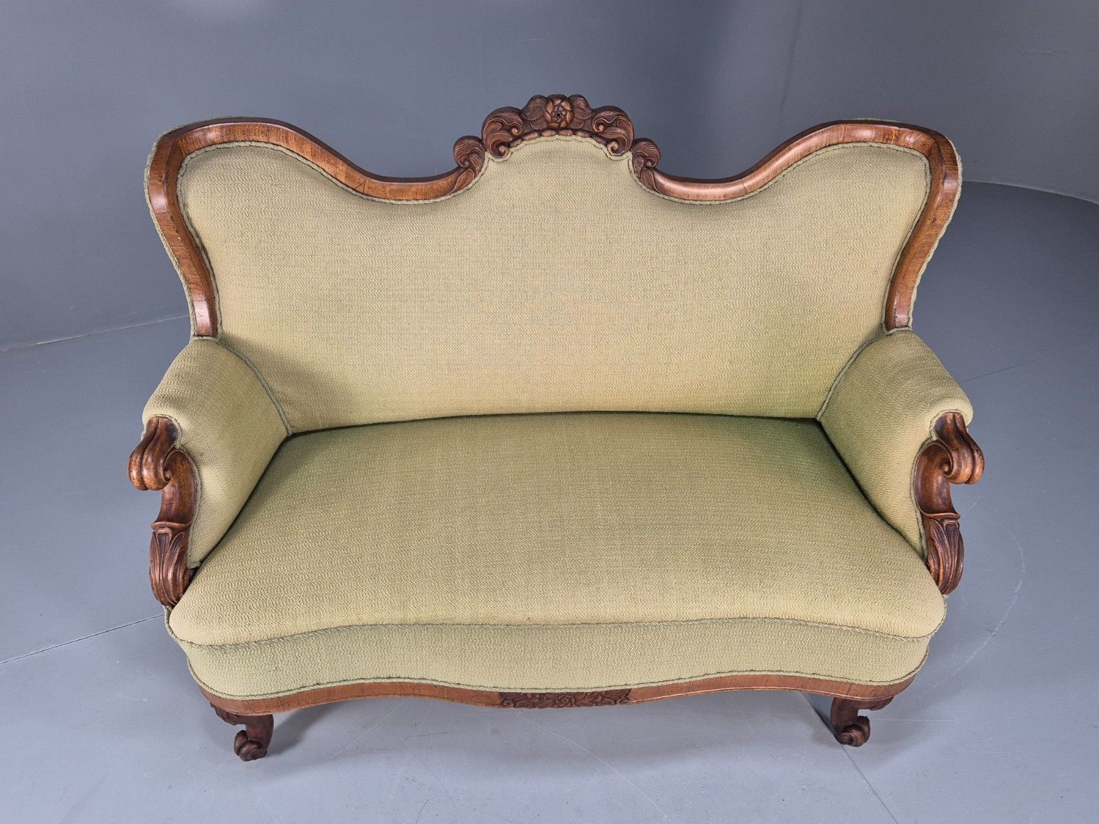 Antique Mahogany Two Seat Sofa Green Fabric Vintage 19th Century Eb9670 V2ss photo for sale