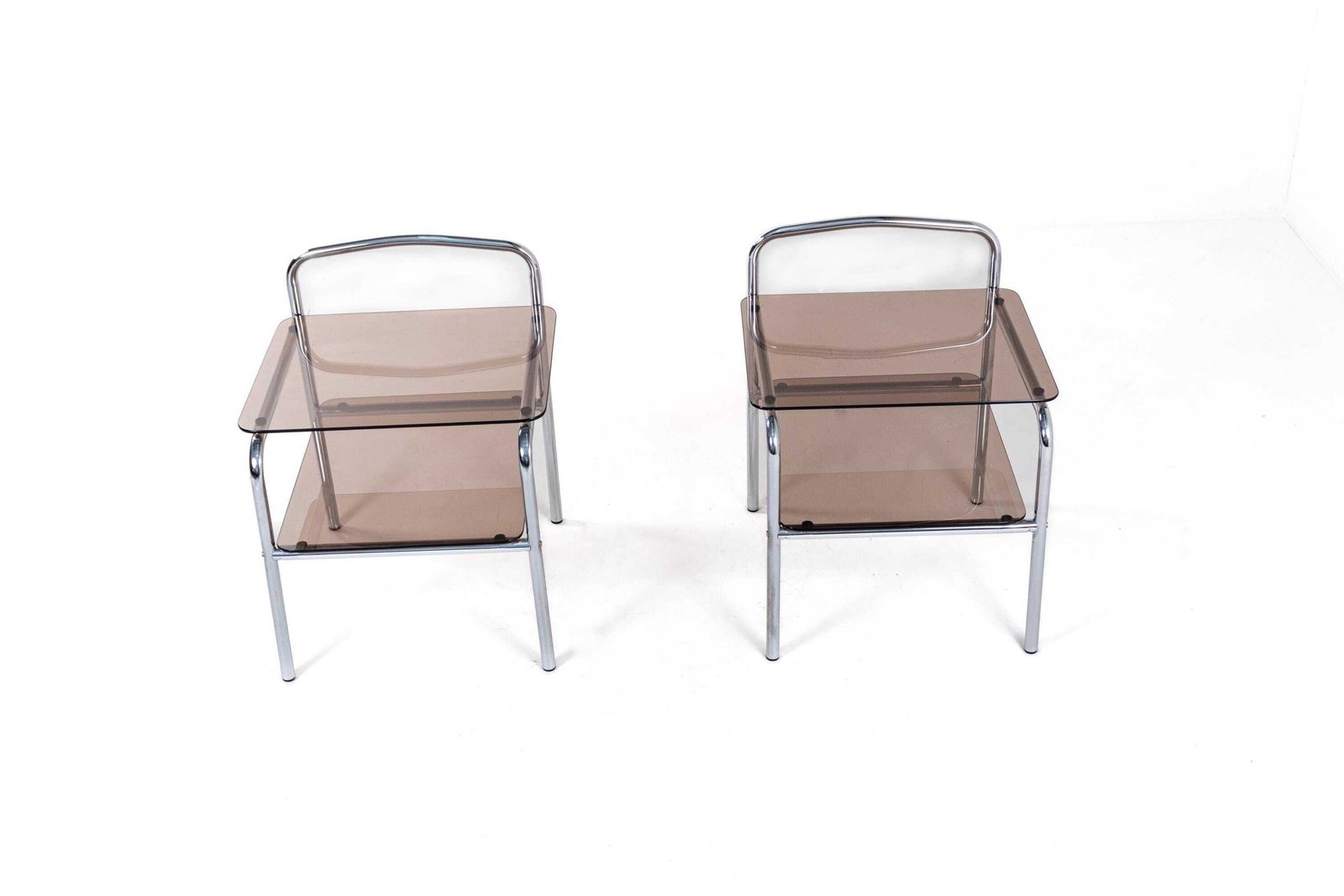 Pair Of Vintage Chrome And Smoked Glass Side Tables, 1970s Modernist Nightstands / Bedside Tables photo buy