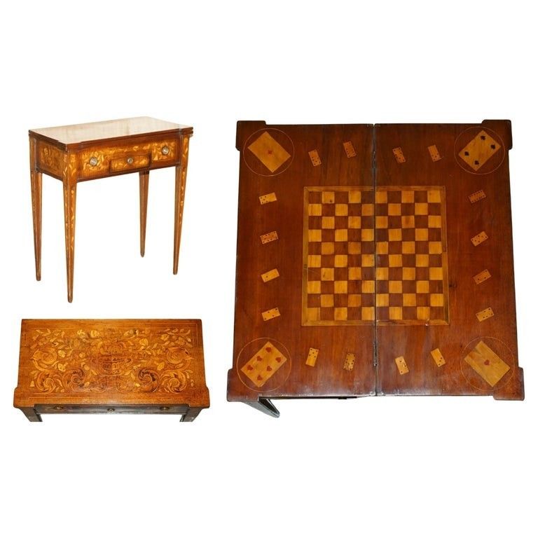 Fully Restored Circa 1800 Dutch Marquetry Inlaid Chess Poker Games Cards Table