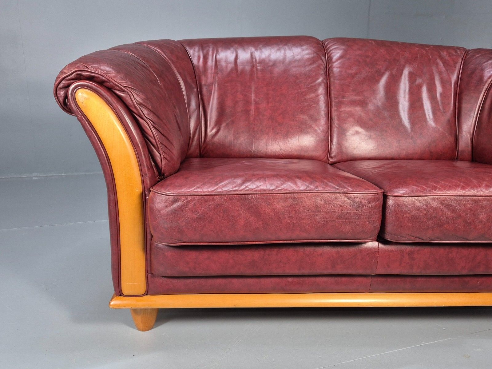 Vintage Danish 2 Seat Sofa Red Leather Wood Trim 1990s Retro Eb8567 M2ss photo furniture