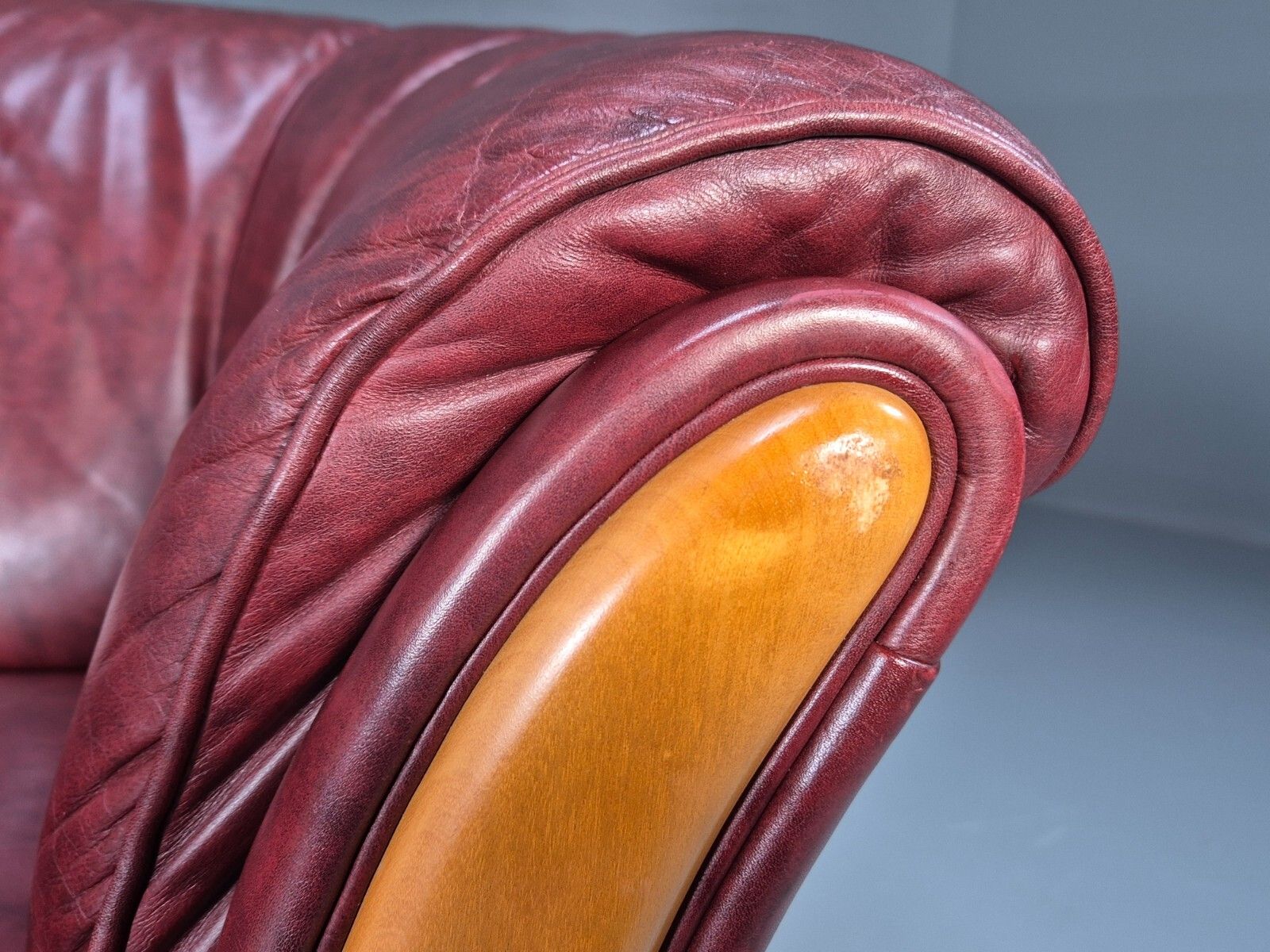 Vintage Danish 2 Seat Sofa Red Leather Wood Trim 1990s Retro Eb8567 M2ss photo buy