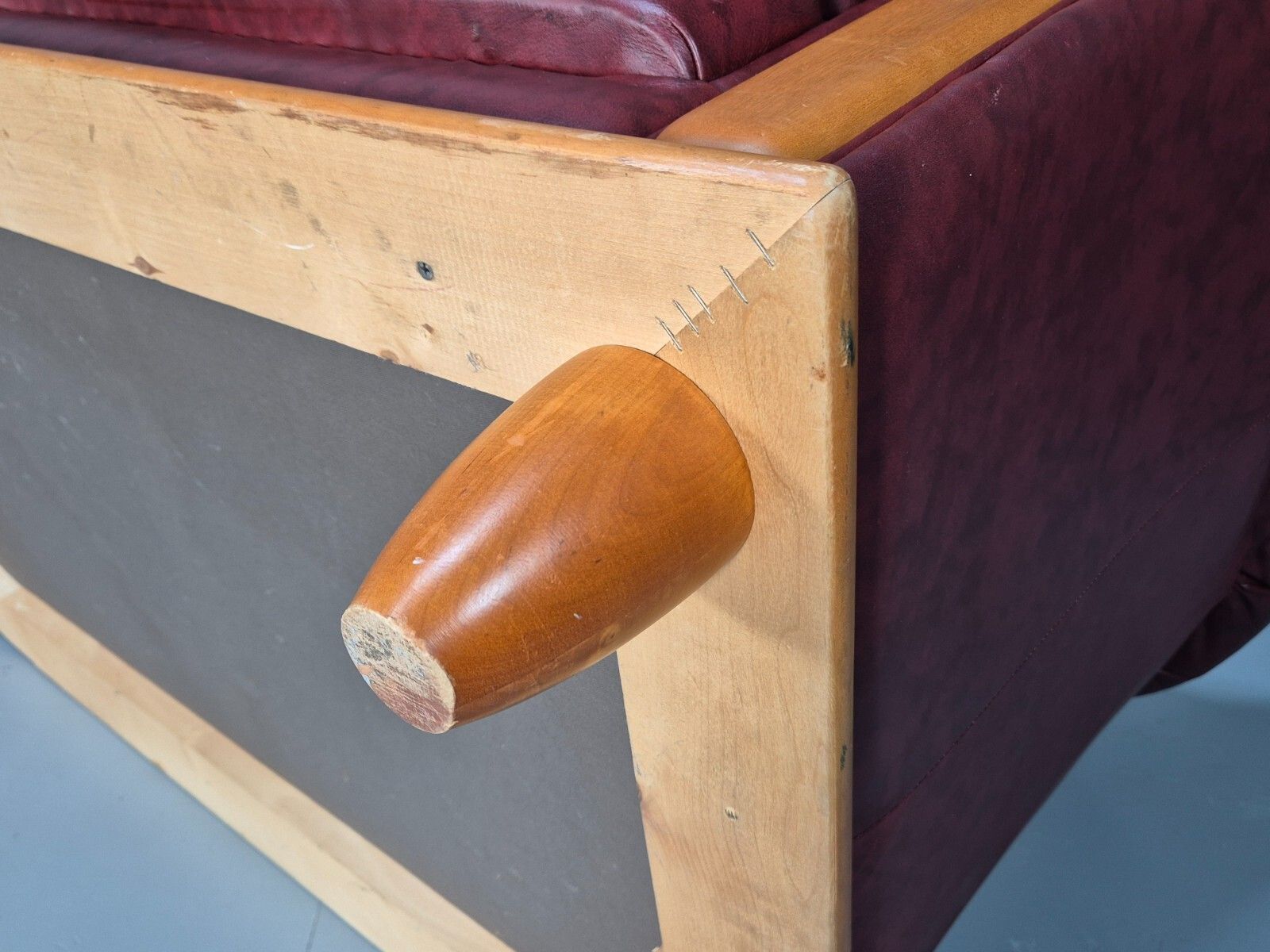 photo for sale Vintage Danish 2 Seat Sofa Red Leather Wood Trim 1990s Retro Eb8567 M2ss