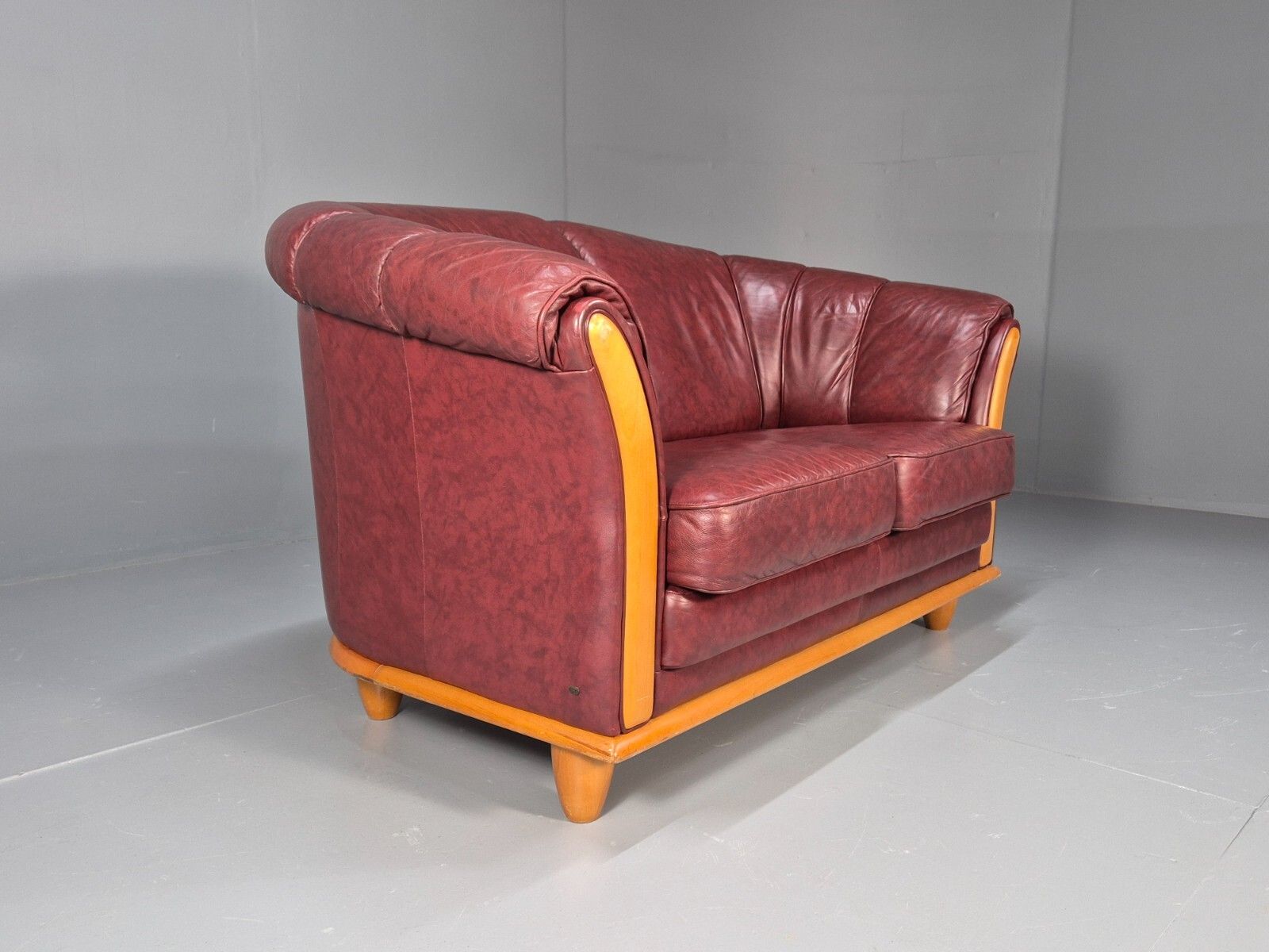 Furniture Vintage Danish 2 Seat Sofa Red Leather Wood Trim 1990s Retro Eb8567 M2ss photo