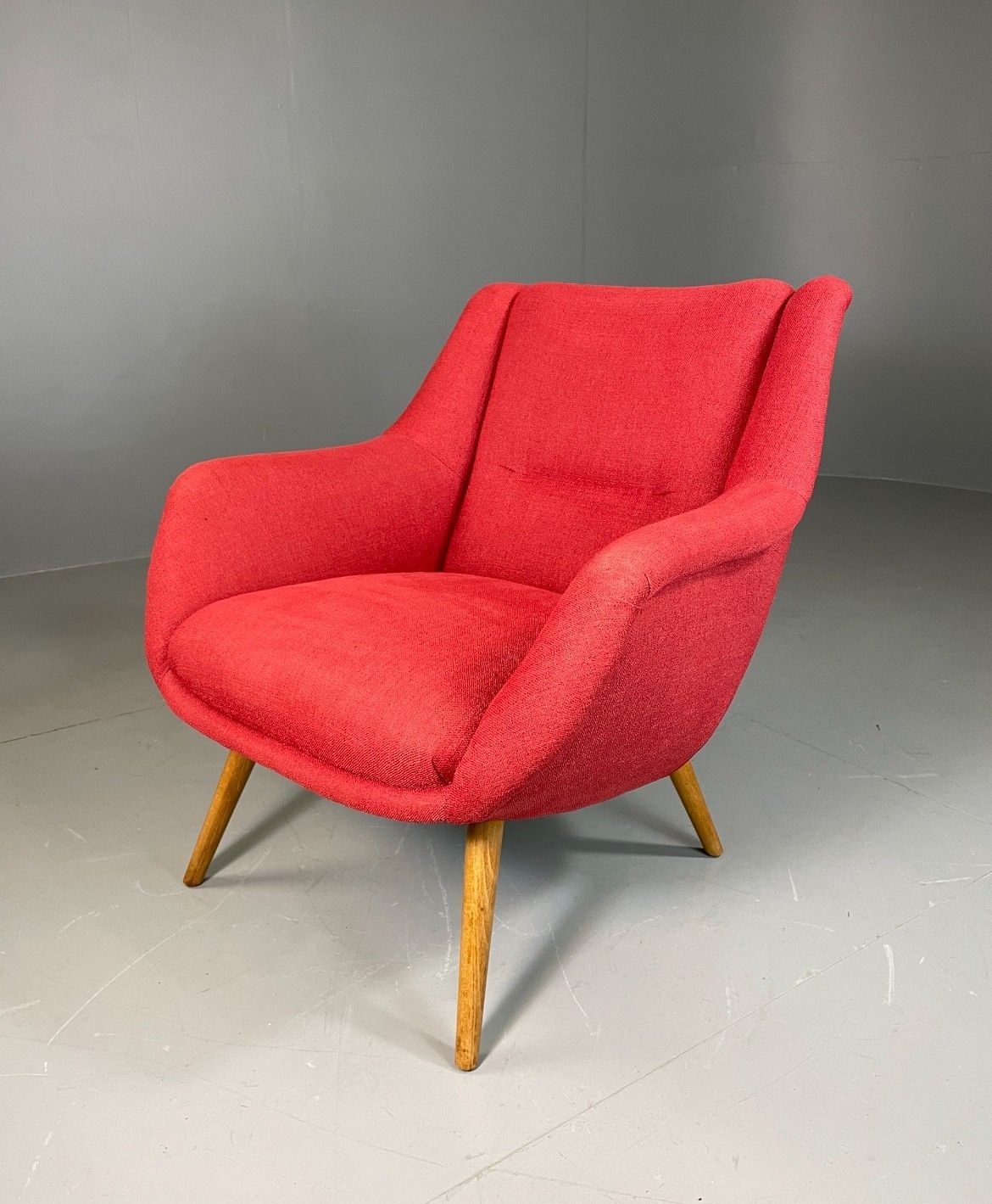 Mid Century Lounge Chair Scandinavian Red Wool Upholstery Vintage Eb6423 Mnor