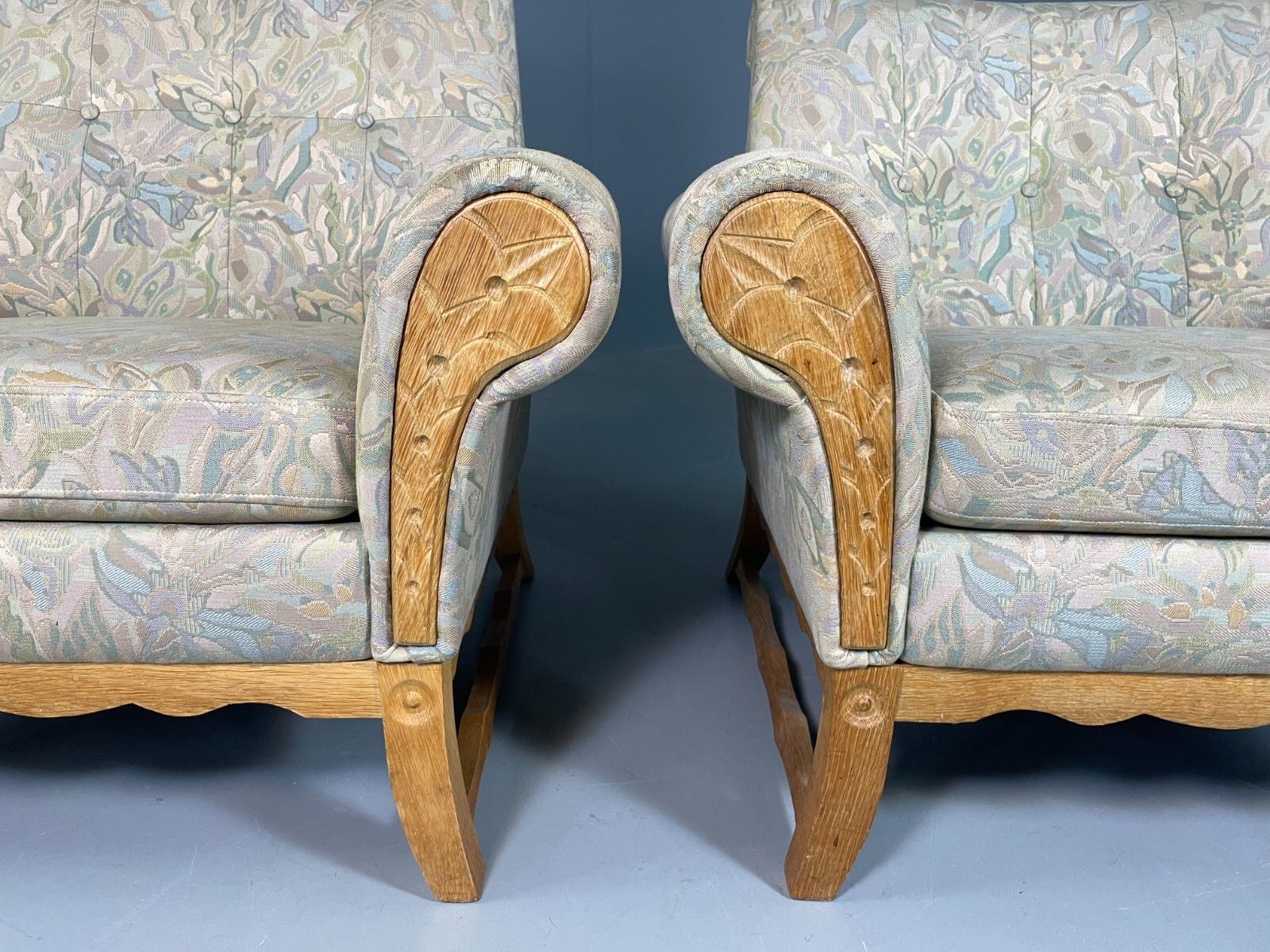 2 Danish Lounge Chairs Kjaernulf Oak Floral Cotton Vintage Retro Eb6749 Mnor photo Furniture