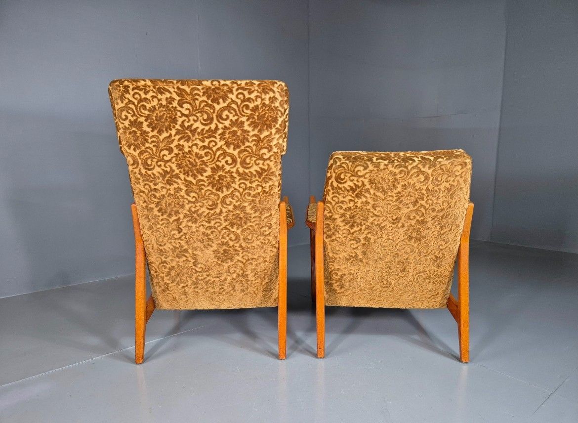 photo furniture 2 Swedish Lounge Chairs Gold Floral Moquette Beech Vintage 1960s Mcm Eb7031 Mnor