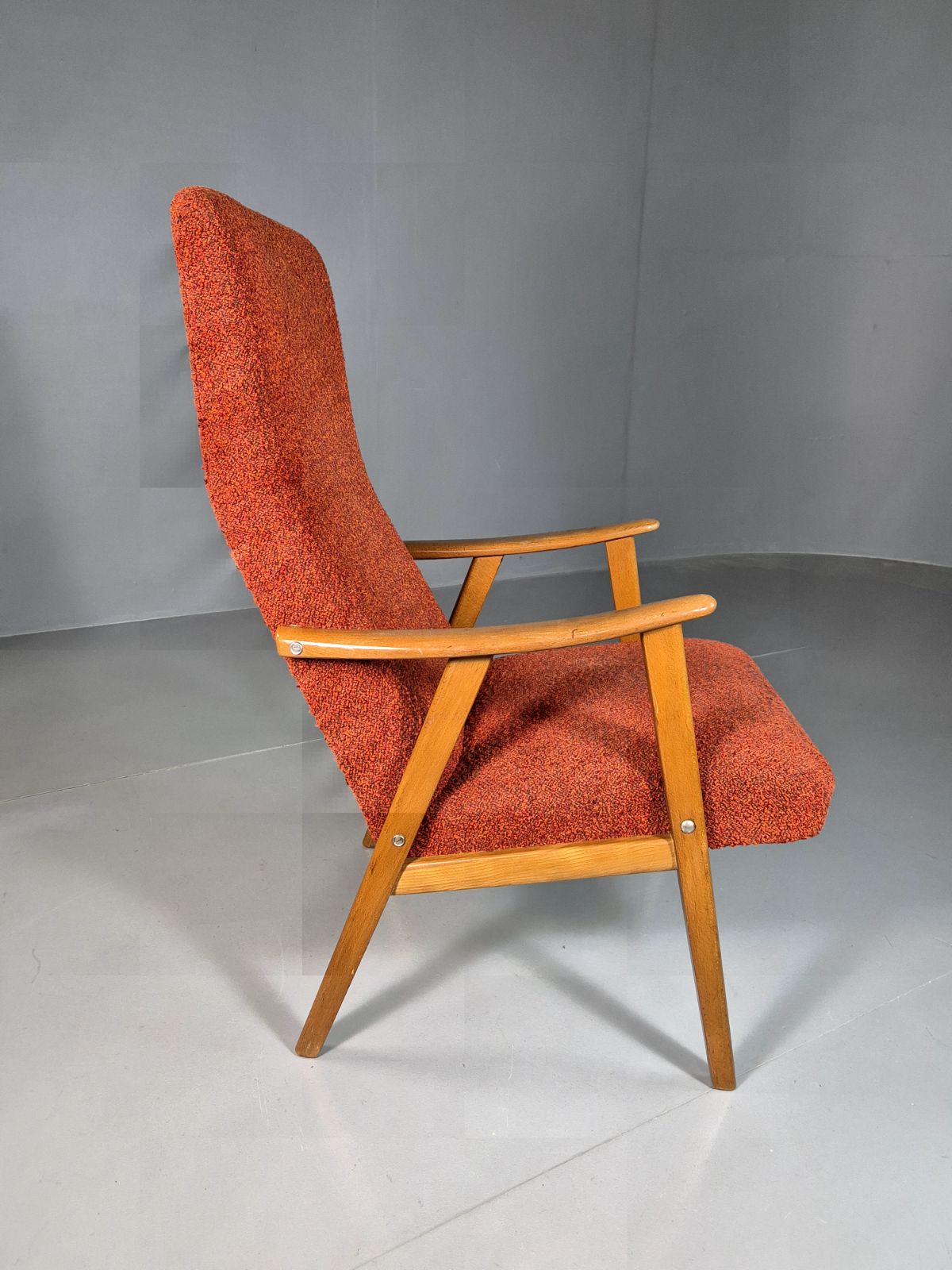 photo for sale Vintage Swedish Lounge Chair Orange Beech Wood Frame Retro 1960s Mcm Eb7244 Mnor