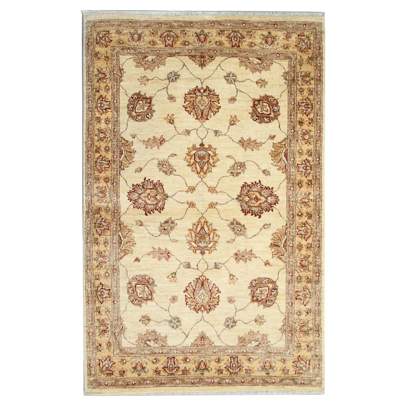 Handmade Cream Wool Rug, Traditional Floral Carpet For Bedroom Living Room