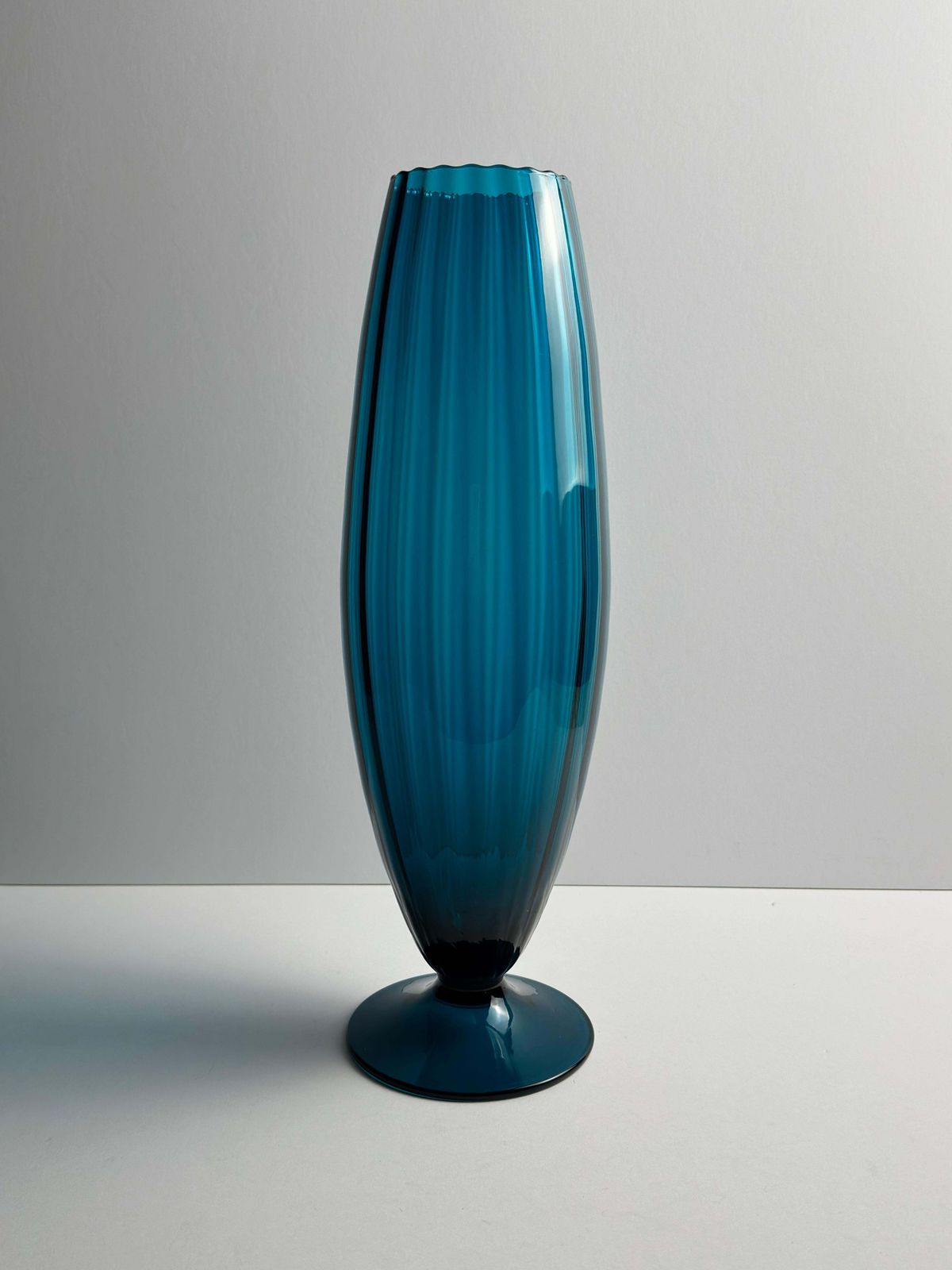 Empoli Mid Century Optic Glass Vase, Teal, Pedestal Base,  Rossini, Italy, 1960s photo vintage