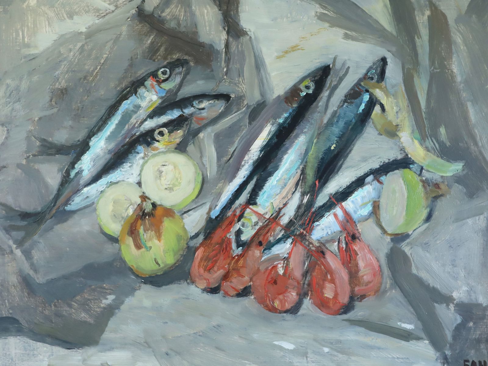 Still Life With Sardines Oil Painting photo for sale