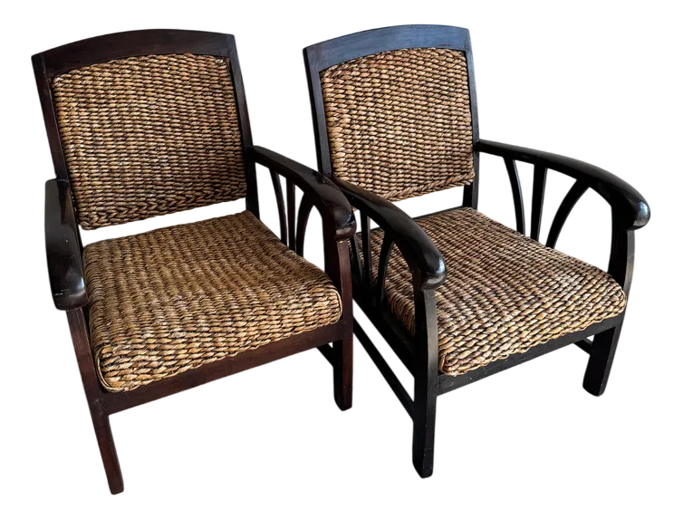 Set Of Colonial Rattan Armchairs With Wooden Frame, Set Of 2