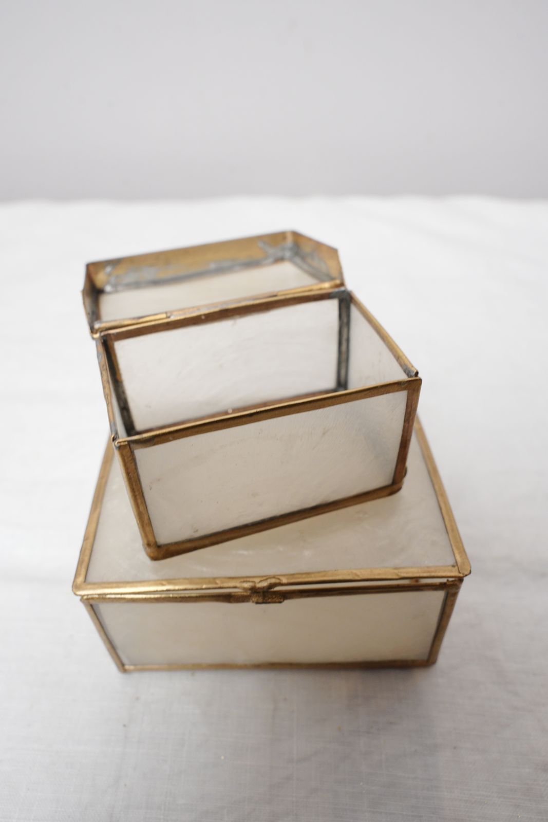 Vintage Mother Of Pearl Trinket Jewellery Boxes With Brass Features photo vintage