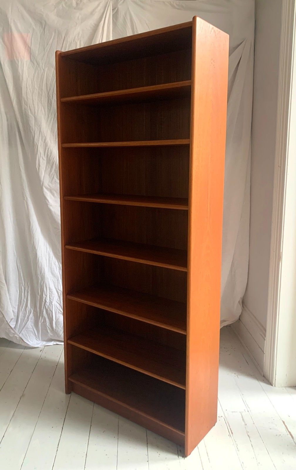 Vintage Mid Century Modern Teak Veneer Tall Bookcase With Six Shelves photo vinterior
