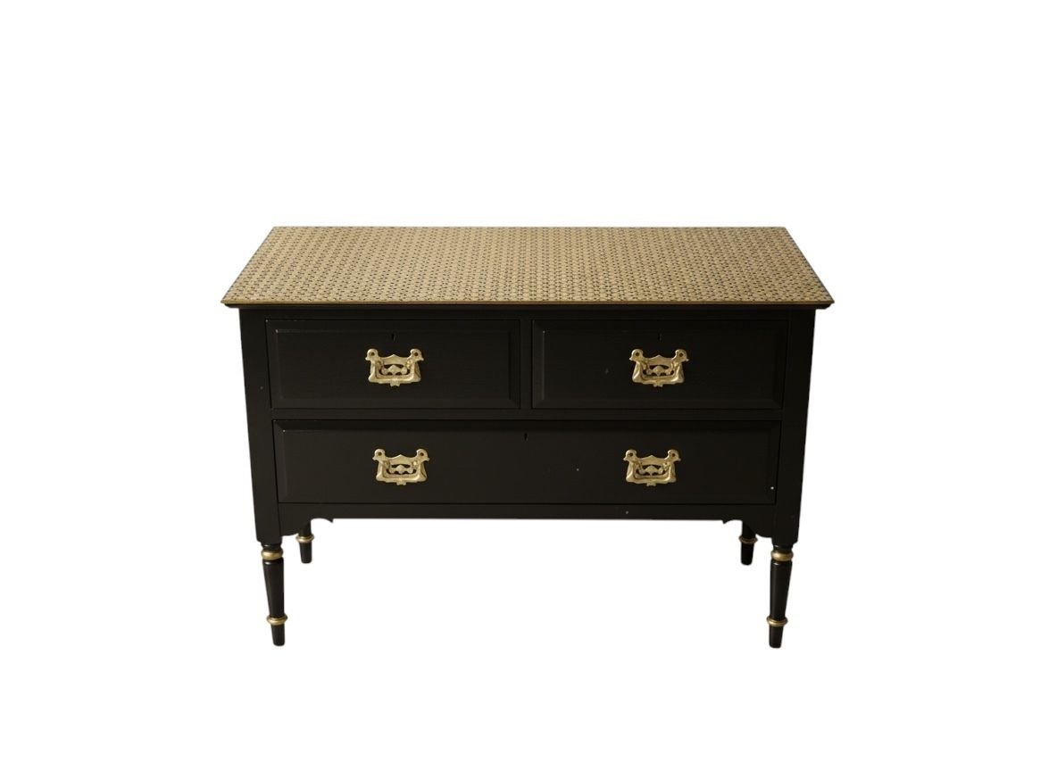 Black & Gold, Geometric Stencilled Upcycled, Painted Dresser – Striking Modern Glamour With Hand Finished Detail photo for sale
