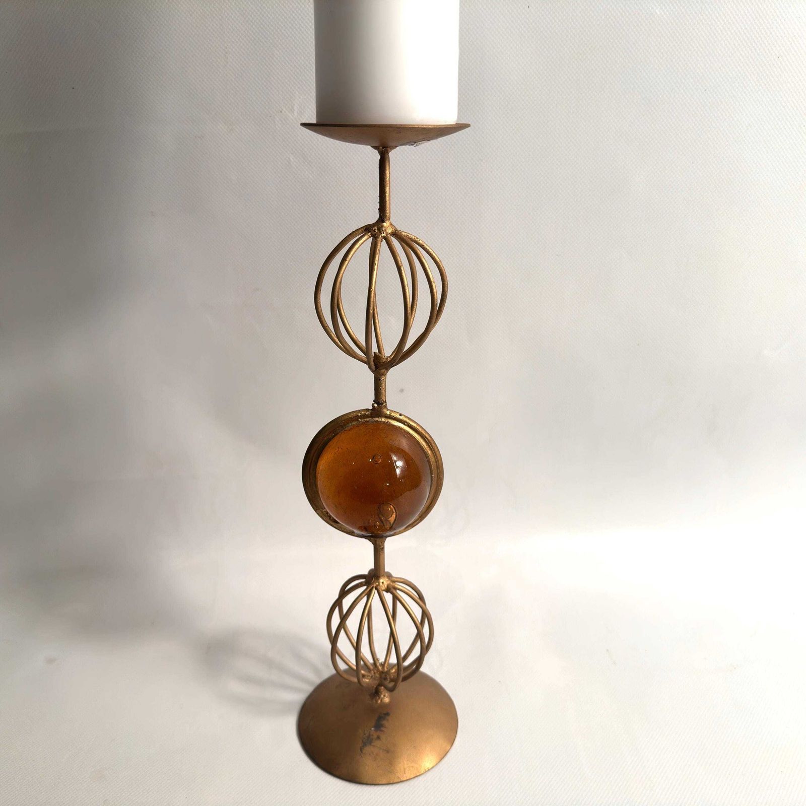 Mid Century Scandinavian Sculptural Candleholder – Amber Glass & Gilded Metal, 37 Cm photo furniture