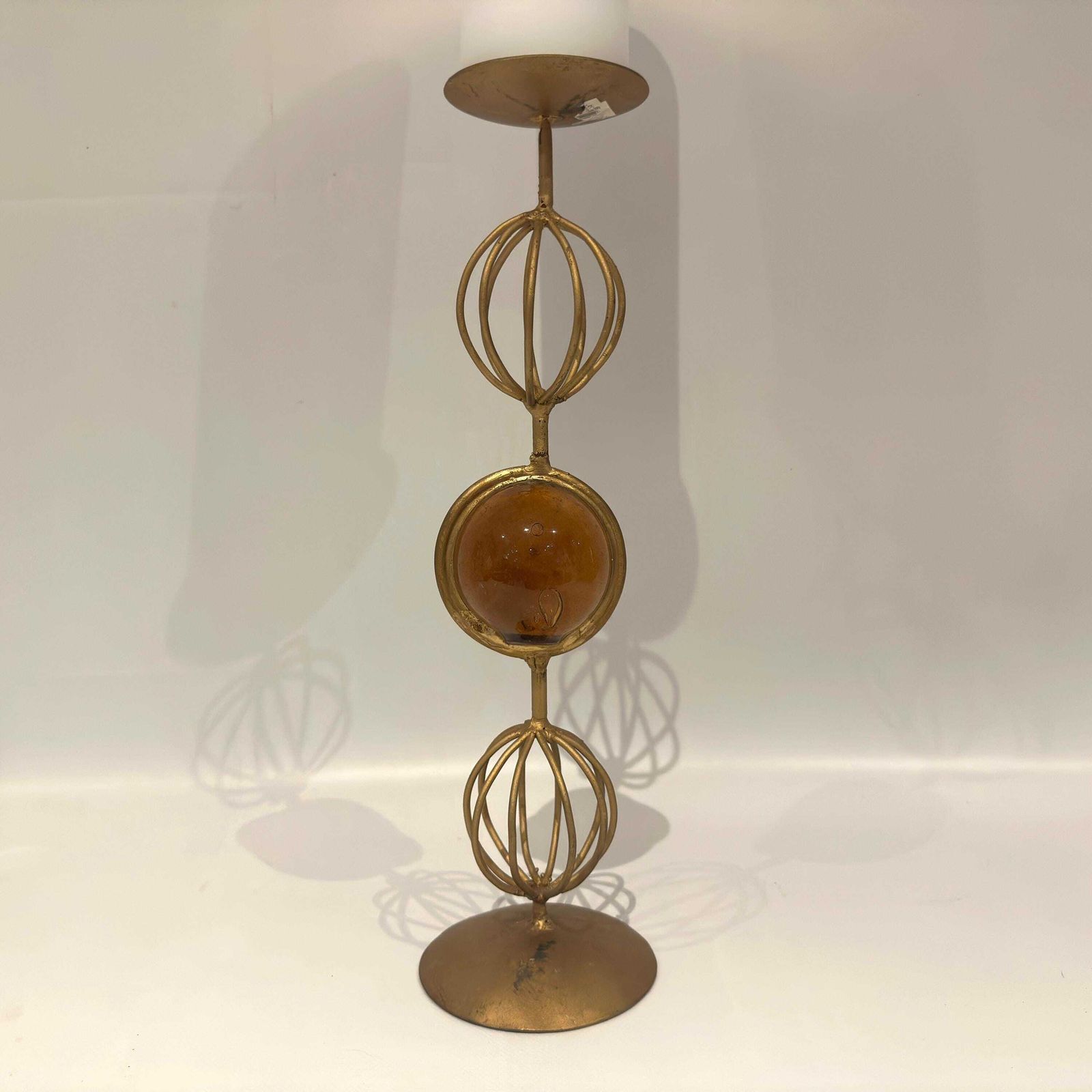 Mid Century Scandinavian Sculptural Candleholder – Amber Glass & Gilded Metal, 37 Cm photo vinterior