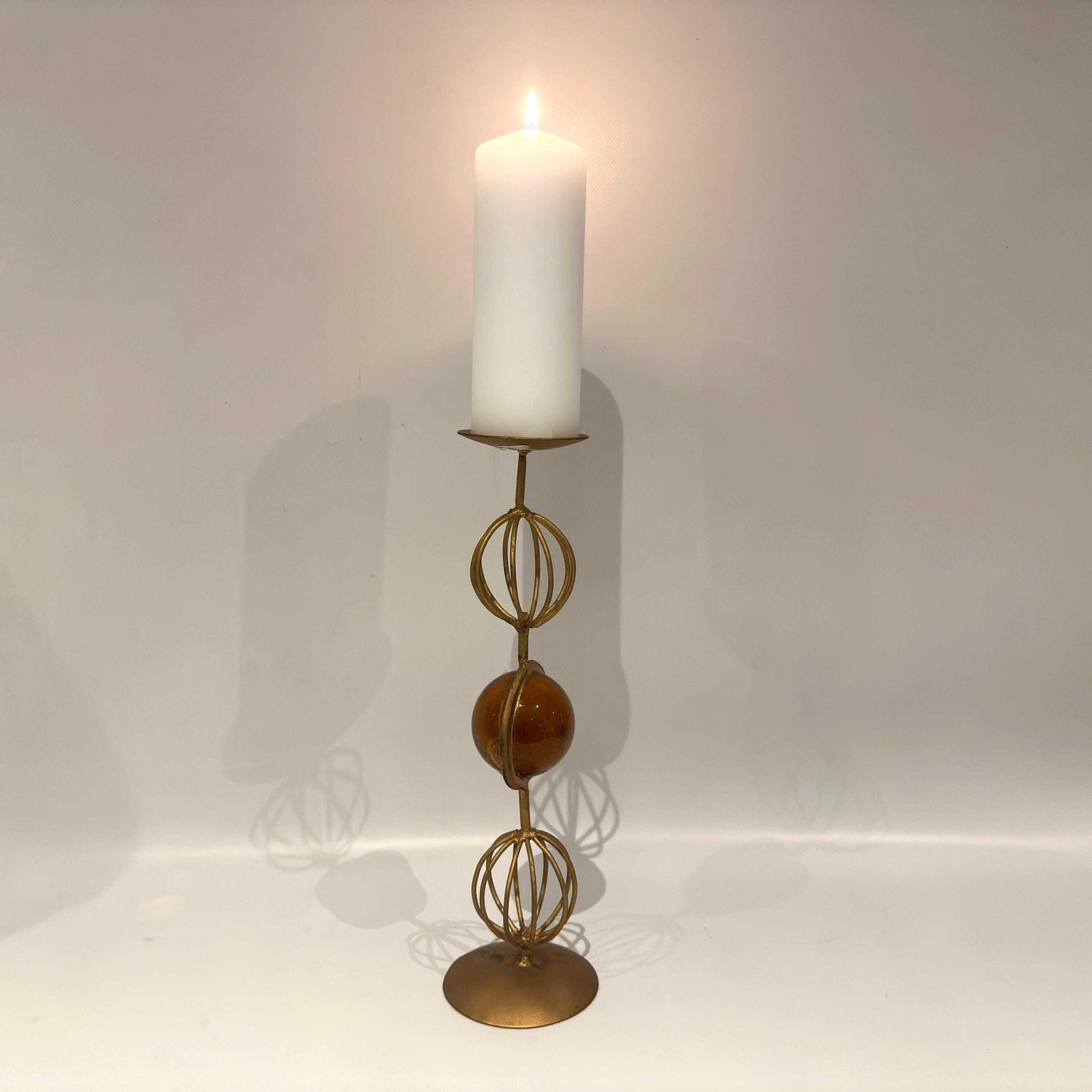 photo for sale Mid Century Scandinavian Sculptural Candleholder – Amber Glass & Gilded Metal, 37 Cm