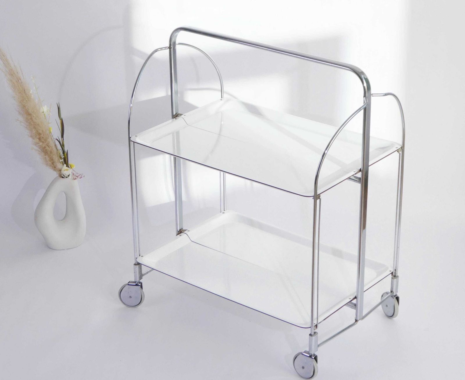 Mid Century White Foldable Bar Cart, 60’s Dinett Serving Trolley With Chrome Metal Design, Tea Cart photo furniture