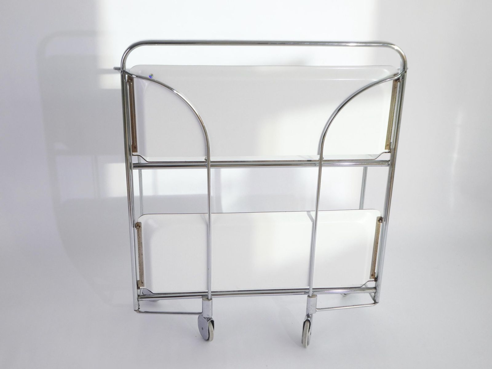 Mid Century White Foldable Bar Cart, 60’s Dinett Serving Trolley With Chrome Metal Design, Tea Cart photo 414.0