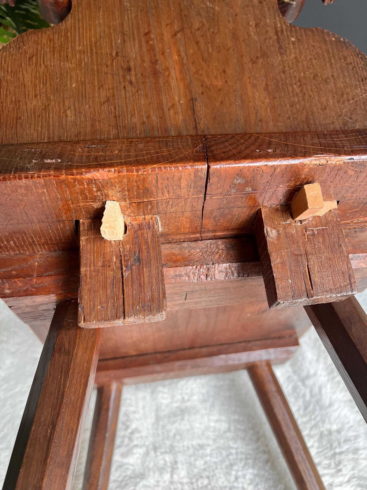 Furniture Antique Alpine Folk Art Chair With Whimsical Carving, Brutalist Escabelle Wooden Chair photo