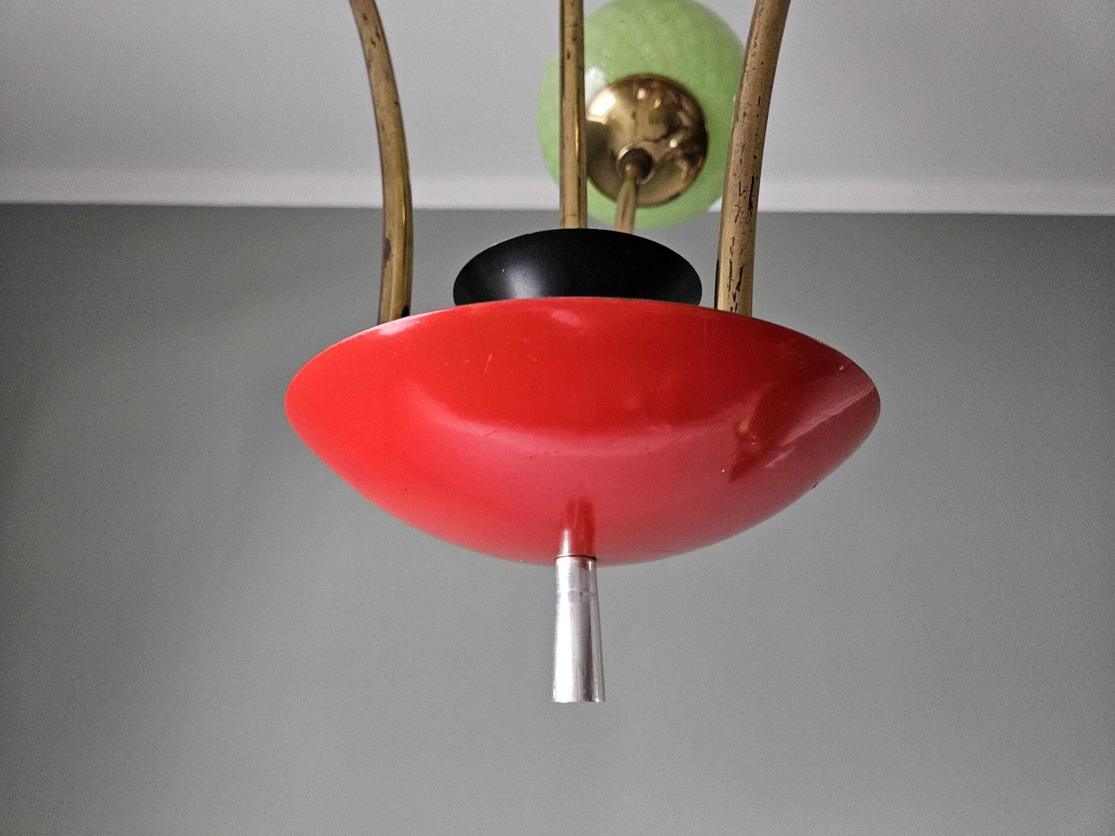 Mid Century Chandelier | Green Opaline Glass & Red Metal Pendant Light | 1960s European Design photo buy