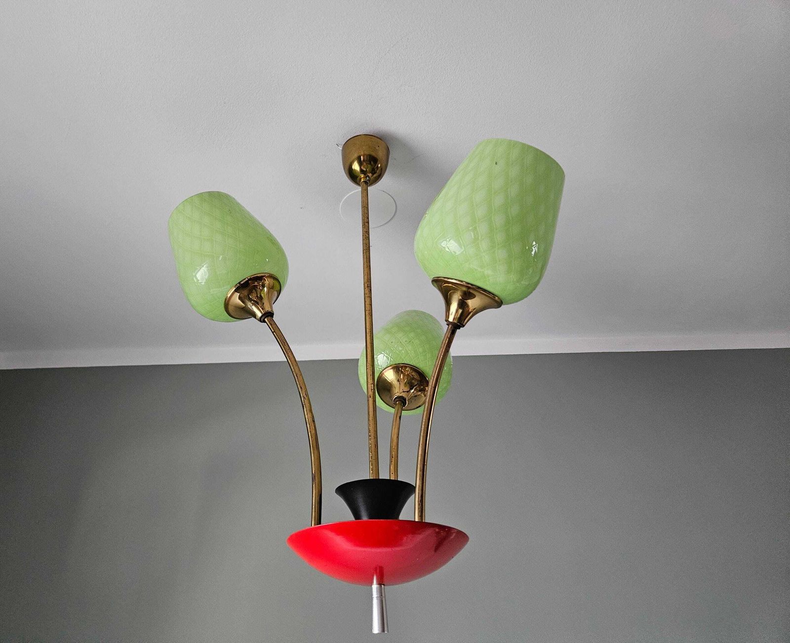 Lighting Mid Century Chandelier | Green Opaline Glass & Red Metal Pendant Light | 1960s European Design photo