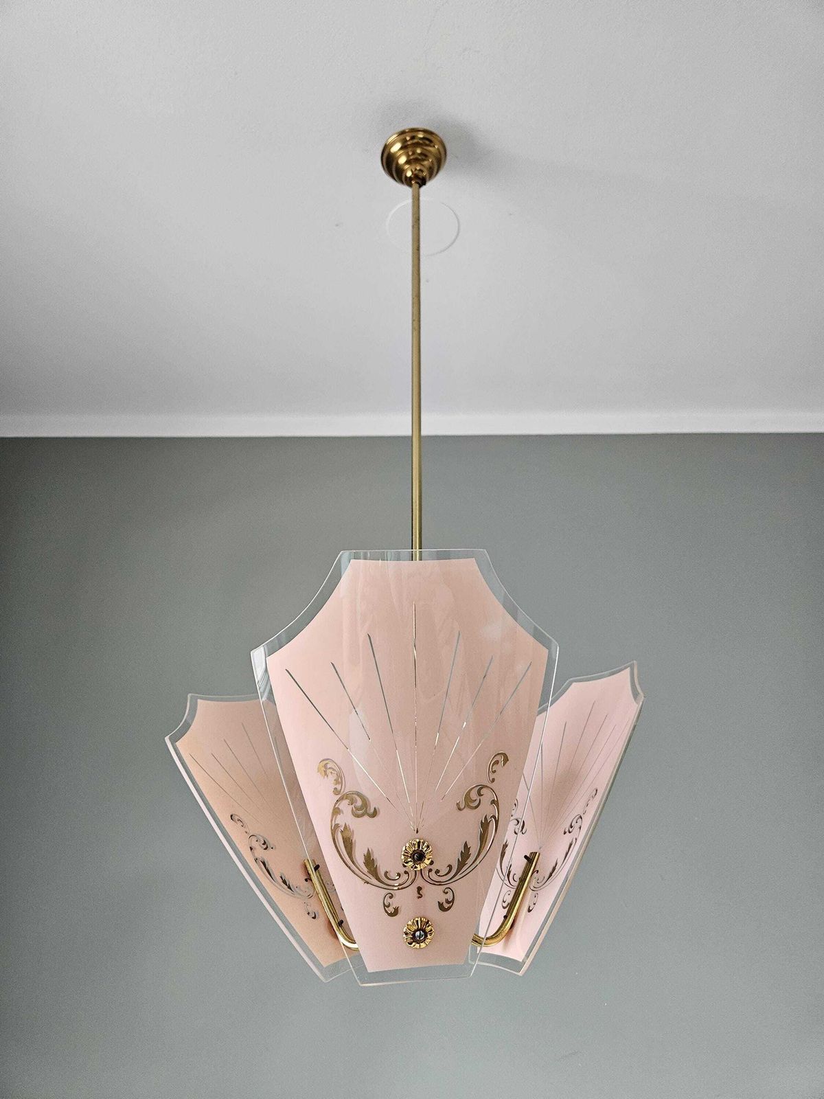 Vintage Pink & Gold Glass Chandelier | Mid Century Pendant Light | Hollywood Regency Style photo furniture