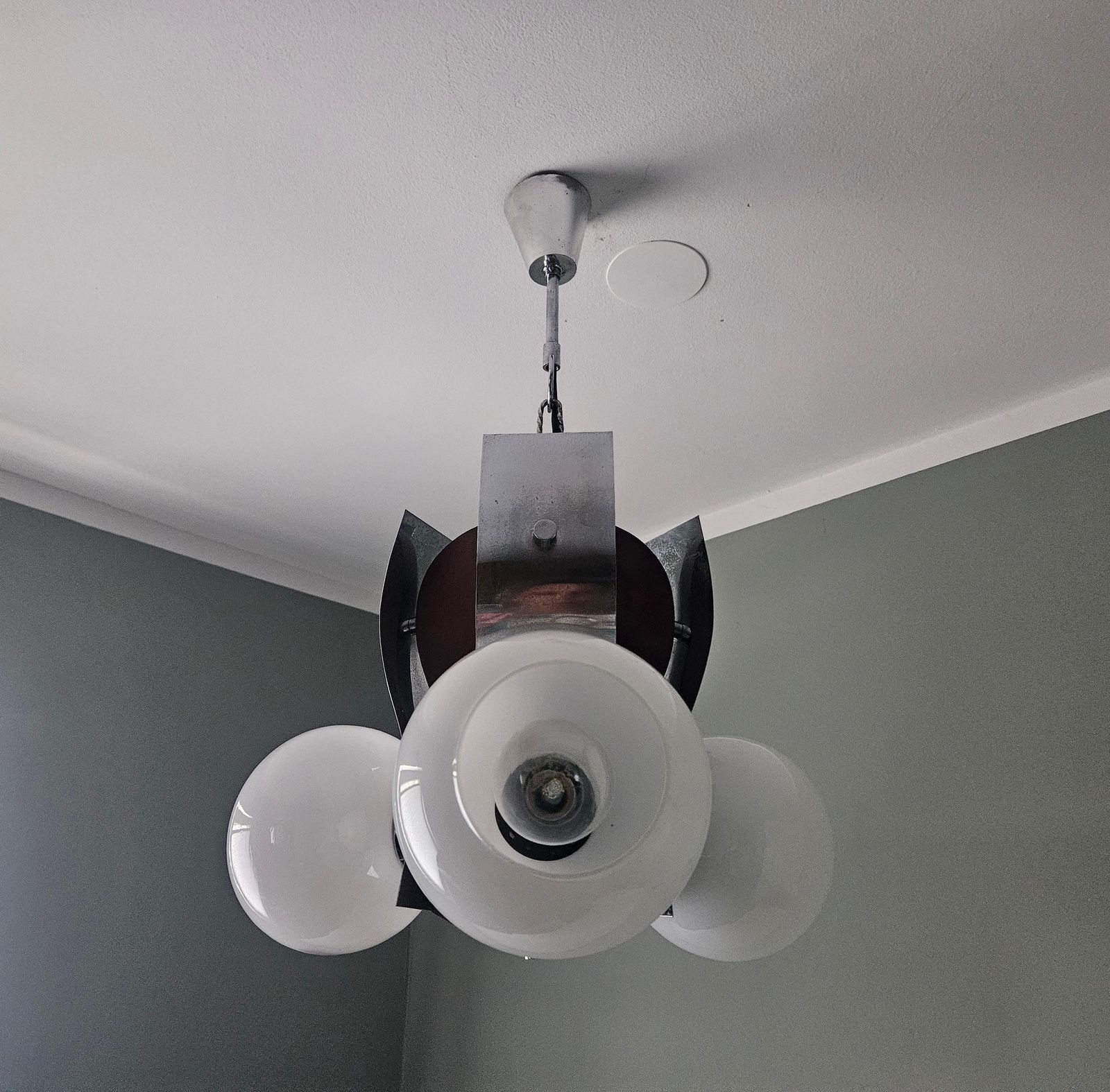 Vintage Chandelier / Chrom Wood And Glass Light Fixture / Mid Century Modern Lighting photo for sale