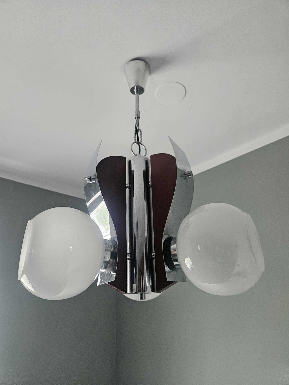 Vintage Chandelier / Chrom Wood And Glass Light Fixture / Mid Century Modern Lighting photo vintage