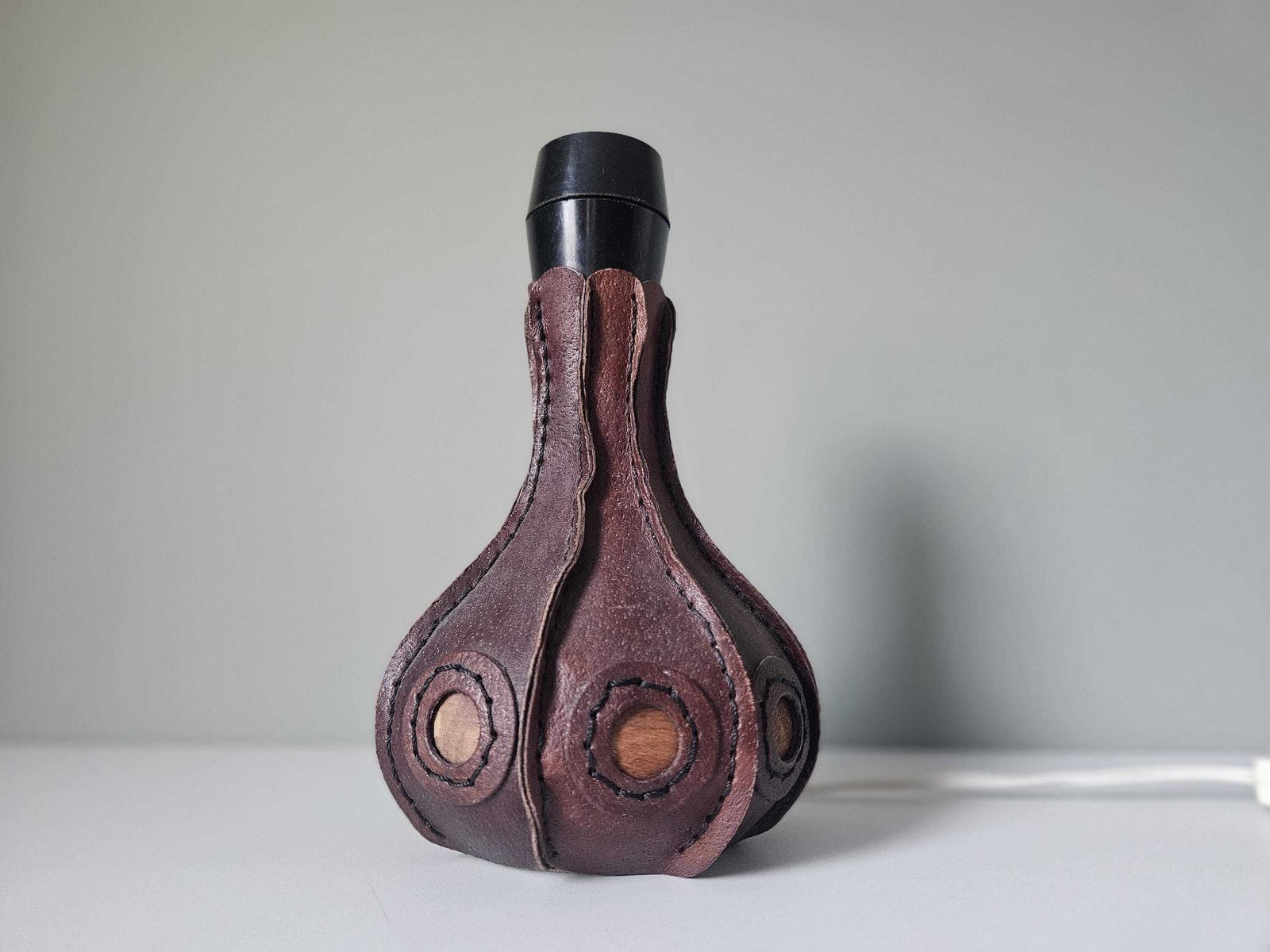 Hand Stitched Leather Table Lamp Base: Mid Century Modern Boho Decor
