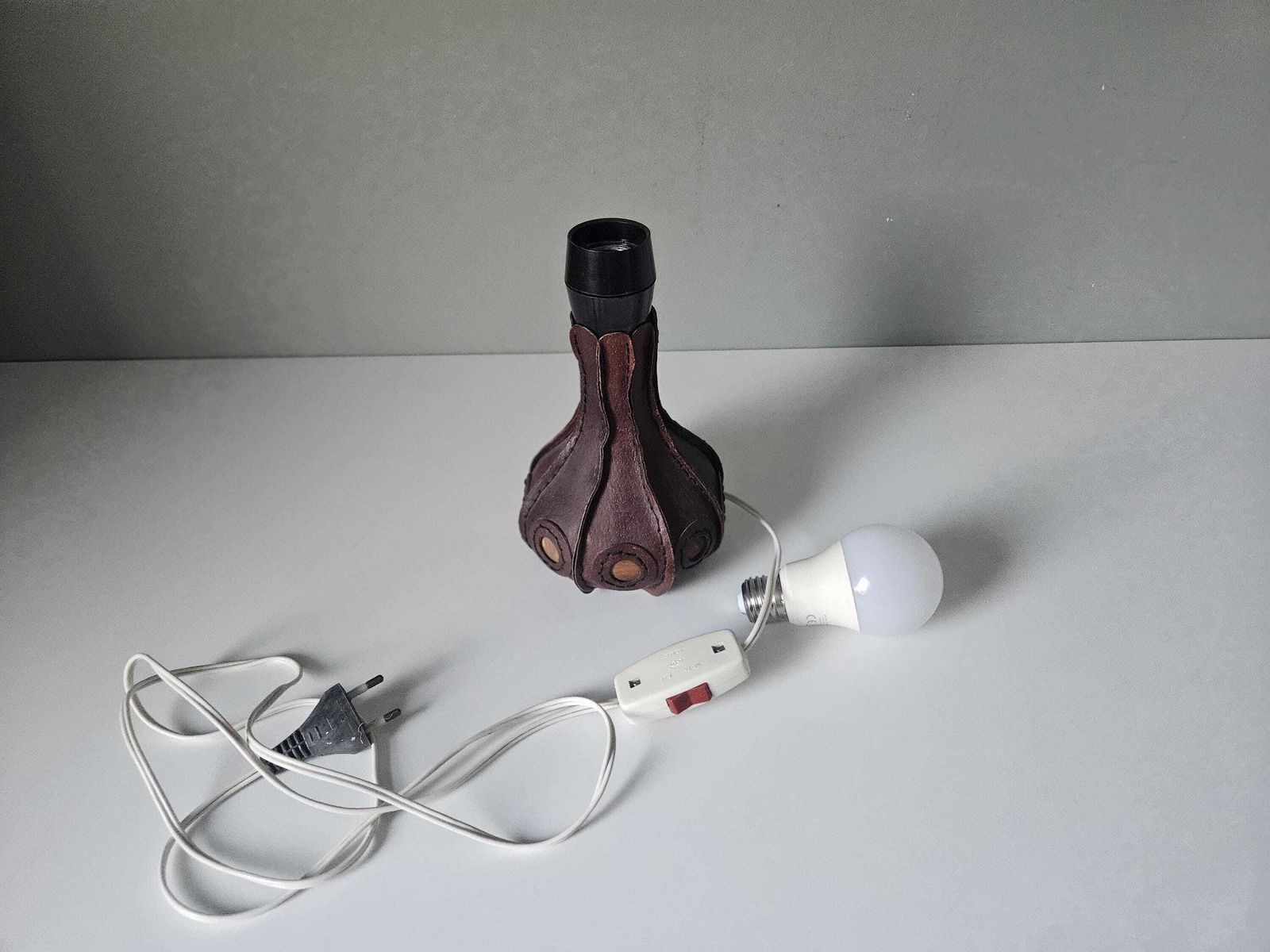 Hand Stitched Leather Table Lamp Base: Mid Century Modern Boho Decor photo vintage