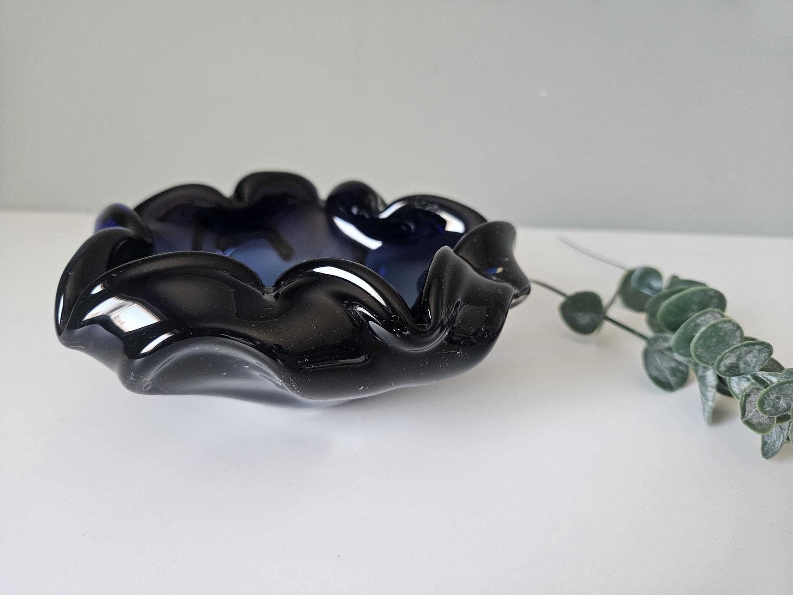 Handblown Blue Art Glass Ashtray: Mid Century Modern Murano Style Bowl photo for sale