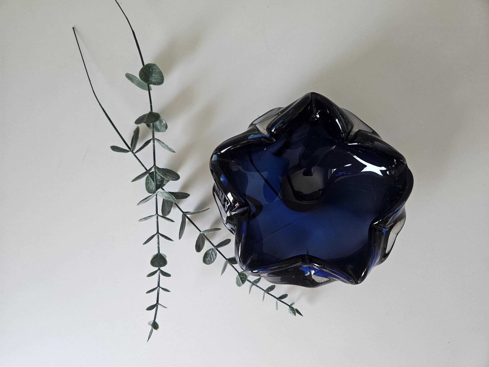 Handblown Blue Art Glass Ashtray: Mid Century Modern Murano Style Bowl photo Home Decor