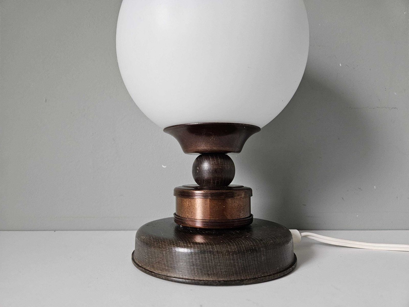 Vintage Glass Globe Table Lamp: Wood & Copper Bedside Light photo Lighting