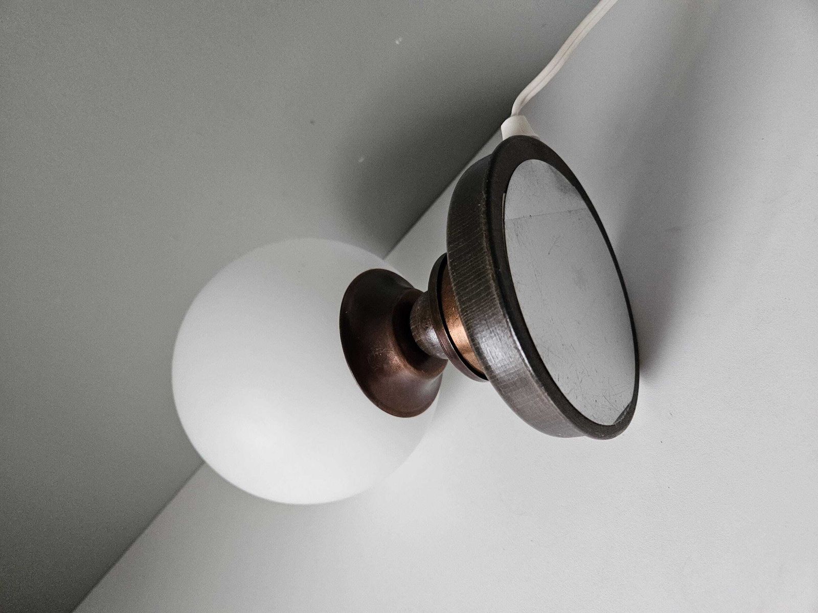 Vintage Glass Globe Table Lamp: Wood & Copper Bedside Light photo vinterior