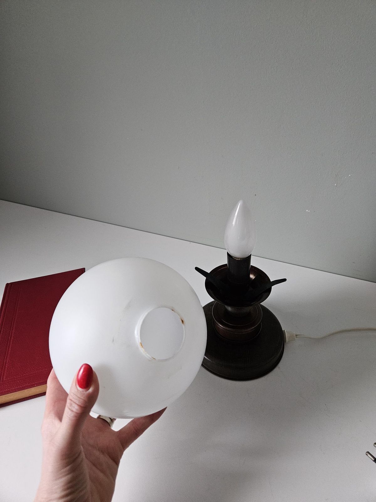 Vintage Glass Globe Table Lamp: Wood & Copper Bedside Light photo vintage