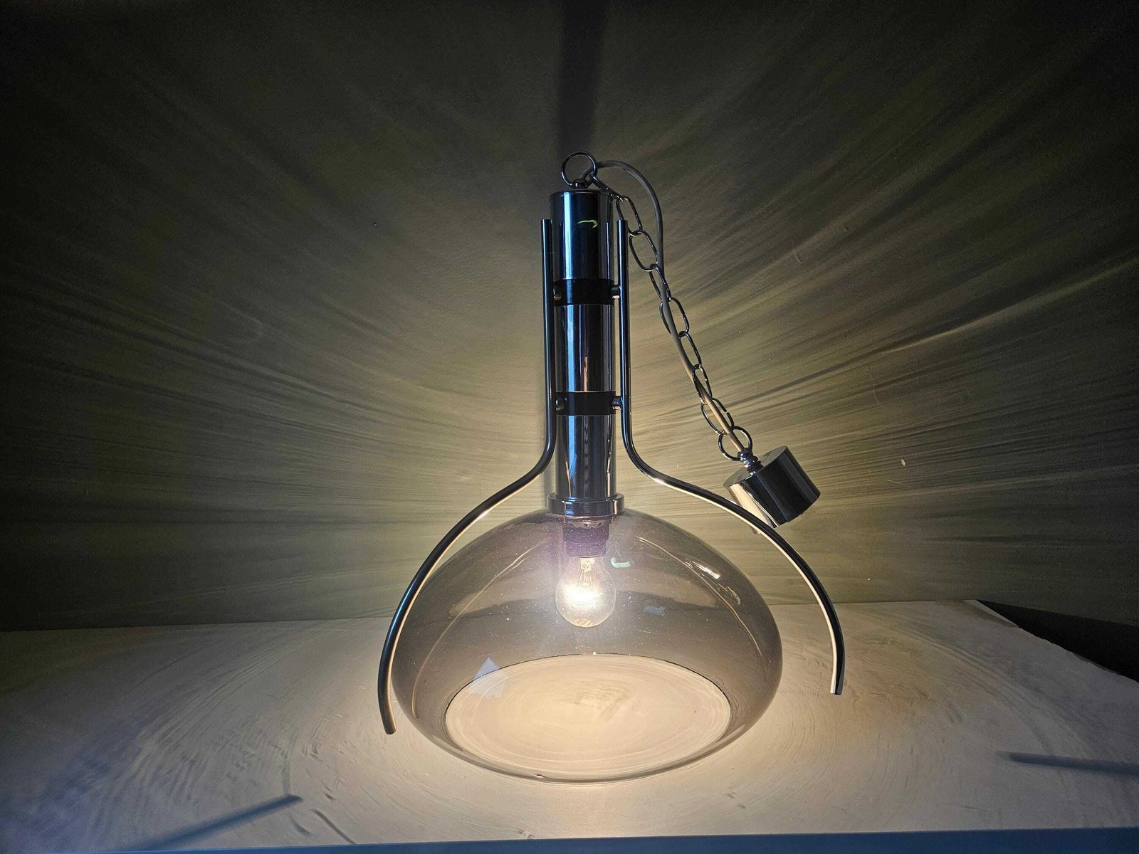 Mid Century Modern Smoked Glass Pendant Light Chrome Hanging Lamp photo vintage