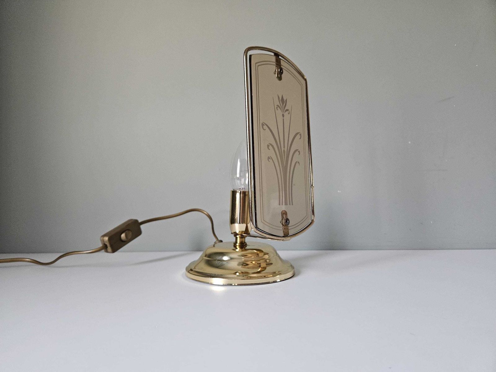 Vintage Brass Table Lamp: Etched Glass Shade, 80s Nightstand Light photo for sale