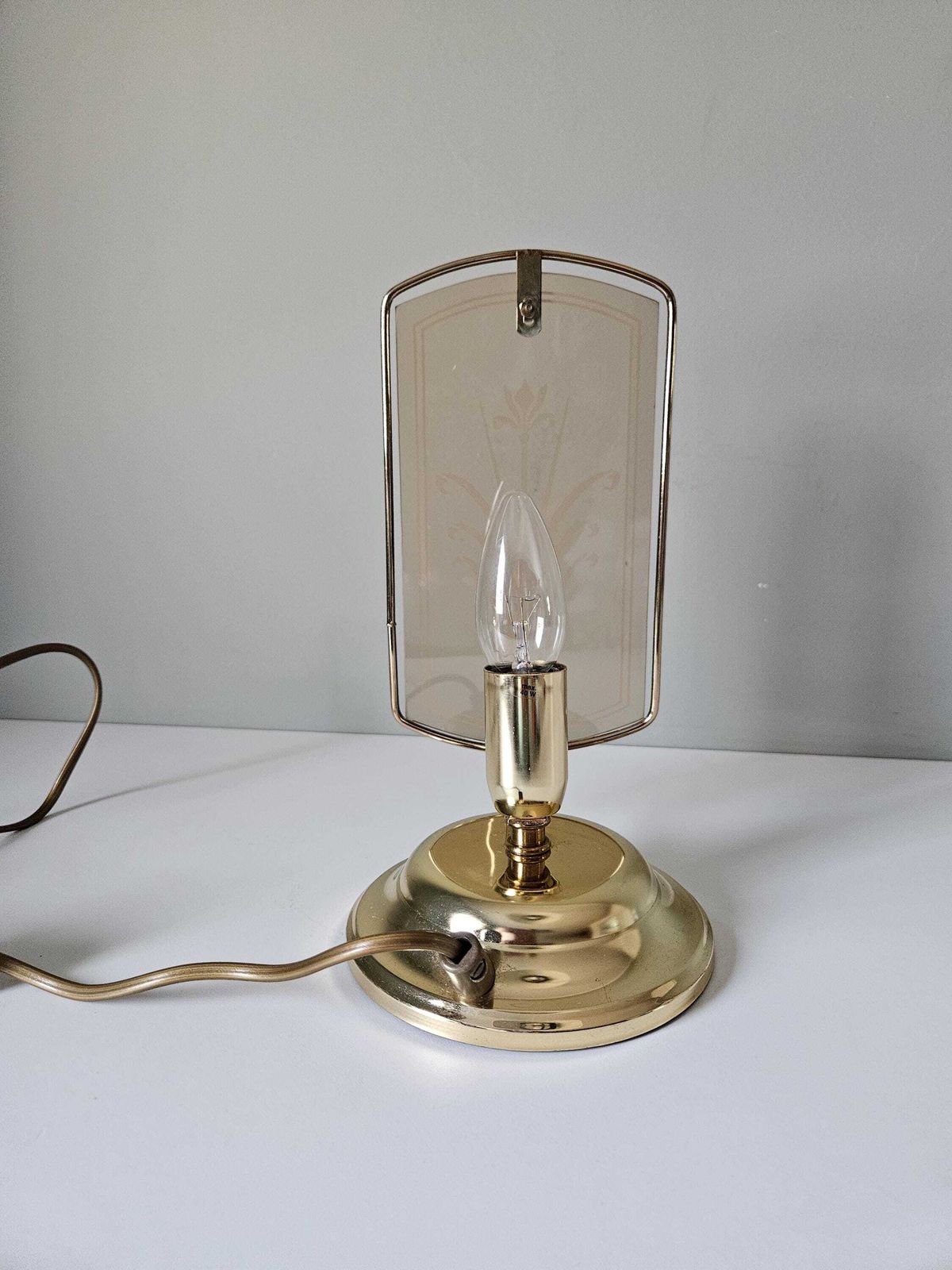 Vintage Brass Table Lamp: Etched Glass Shade, 80s Nightstand Light photo vinterior