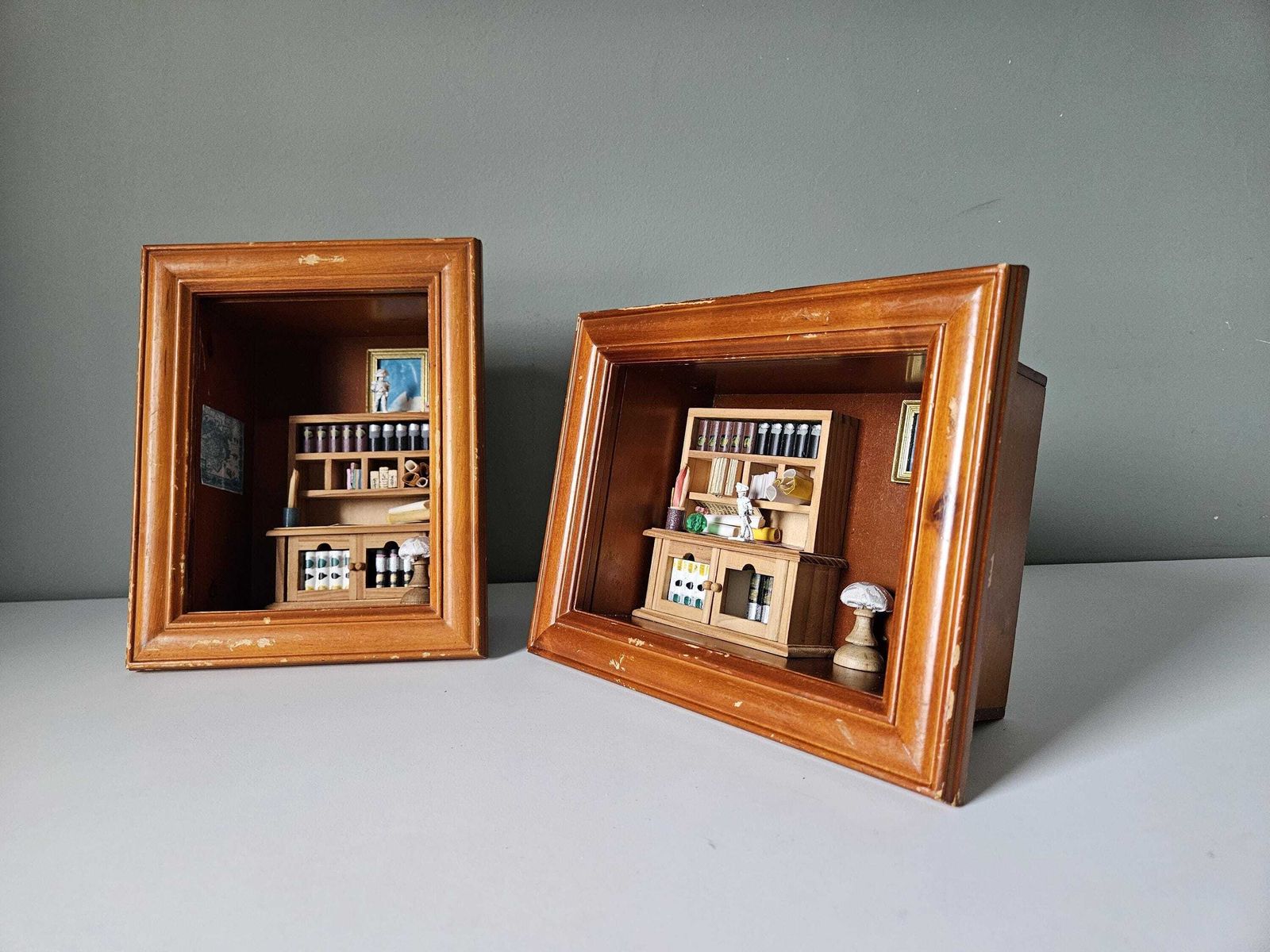 Vintage Miniature Room Dioramas: Framed Architect Studio & Library Shadow Box Art photo furniture