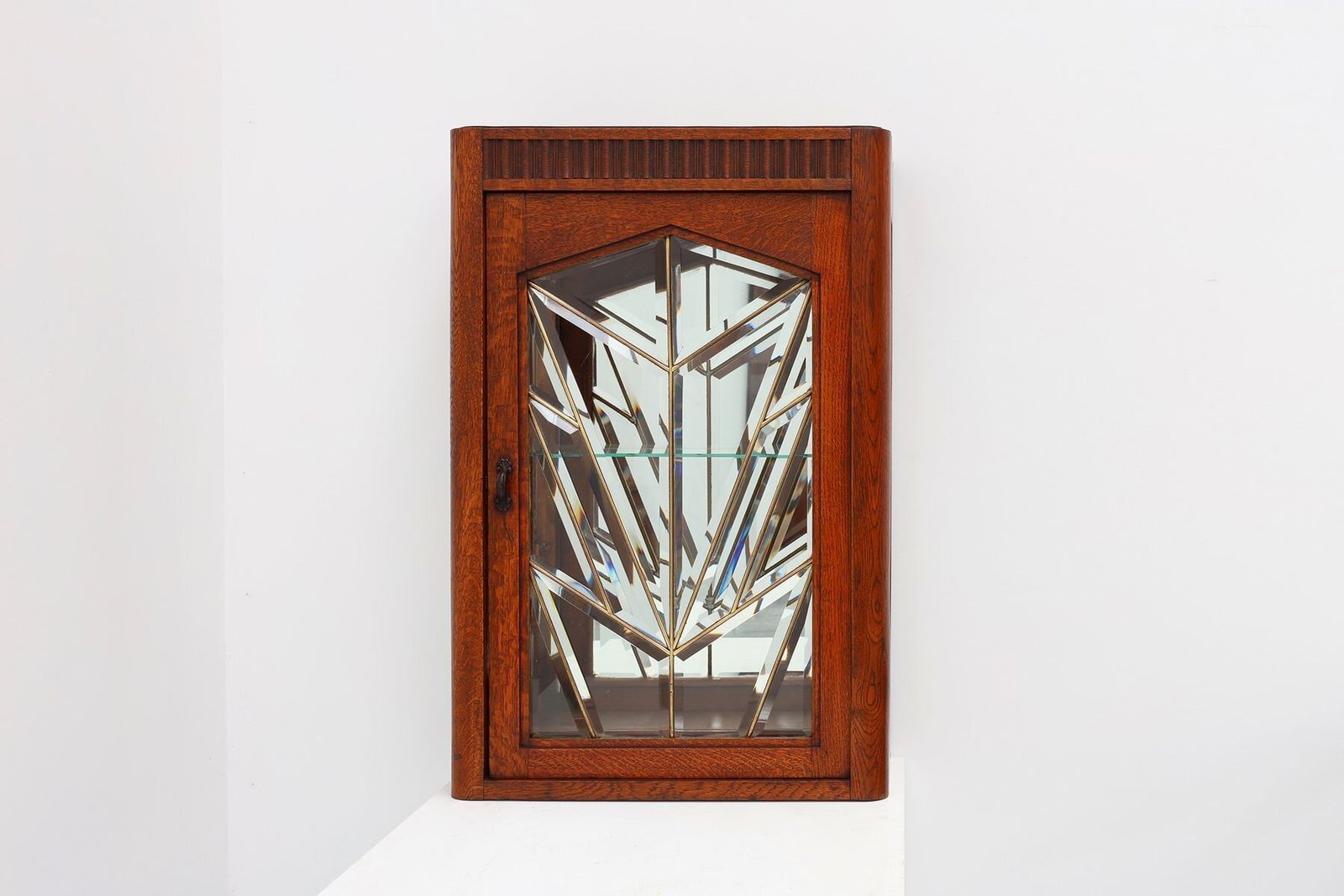 Art Deco French Oak Cabinet With Beveled Leaded Glass, 1920s photo for sale